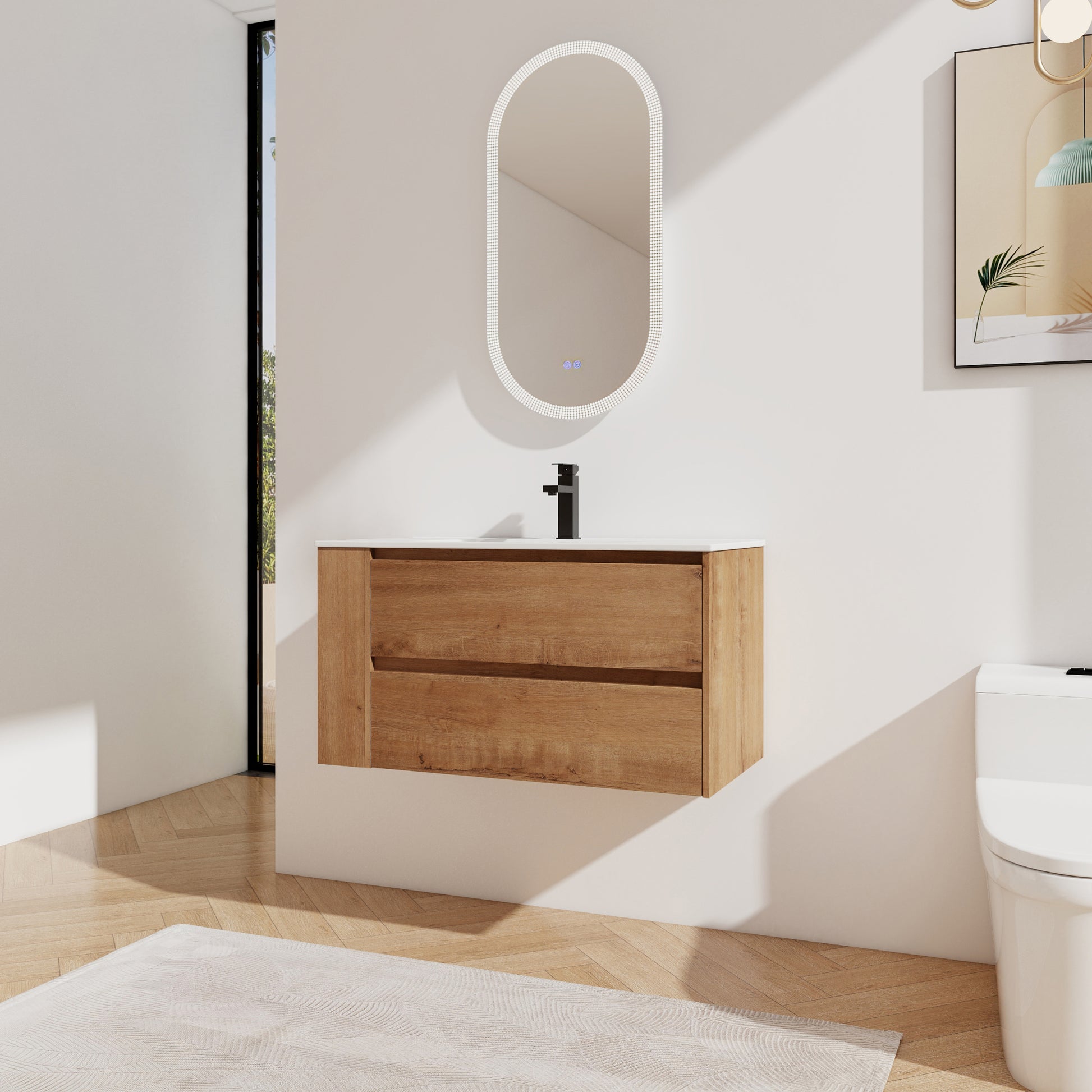 36" Wall Mounting Bathroom Vanity With Ceramic Sink, Soft Close Drawer 2 Imitative Oak 1 Bathroom Wall Mounted Modern Plywood