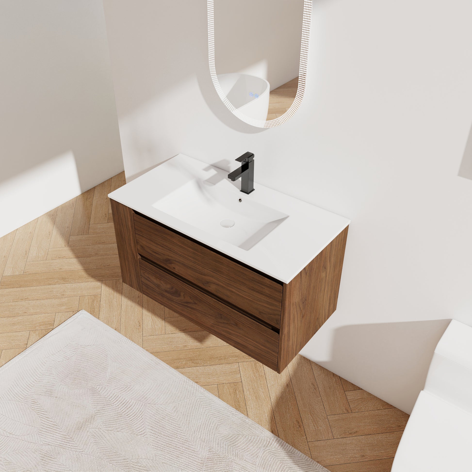 36" Wall Mounting Bathroom Vanity With Ceramic Sink, Soft Close Drawer 2 Brown Oak 1 Bathroom Wall Mounted Modern Plywood