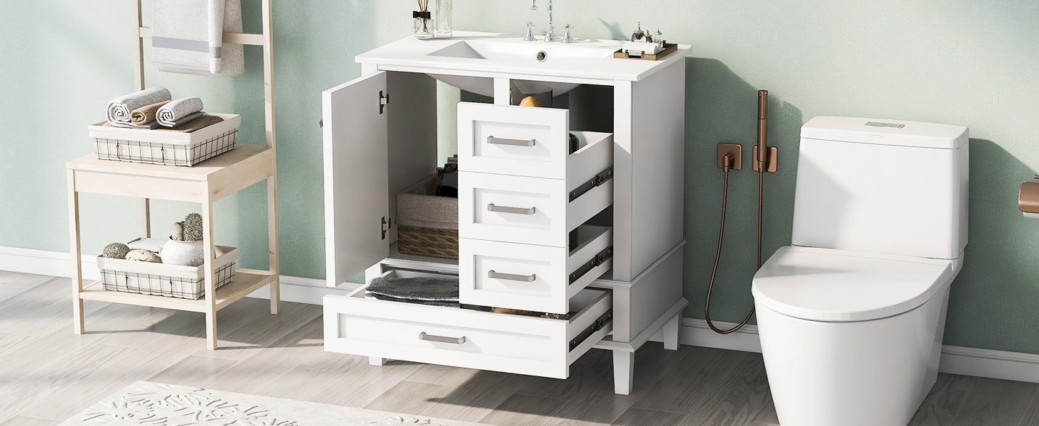 30" Bathroom Vanitymodern Bathroom Cabinet With Sink Combo Set, Bathroom Storage Cabinet With A Soft Closing Door And 3 Drawers, Solid Wood Frame White White Bathroom Solid Wood Mdf