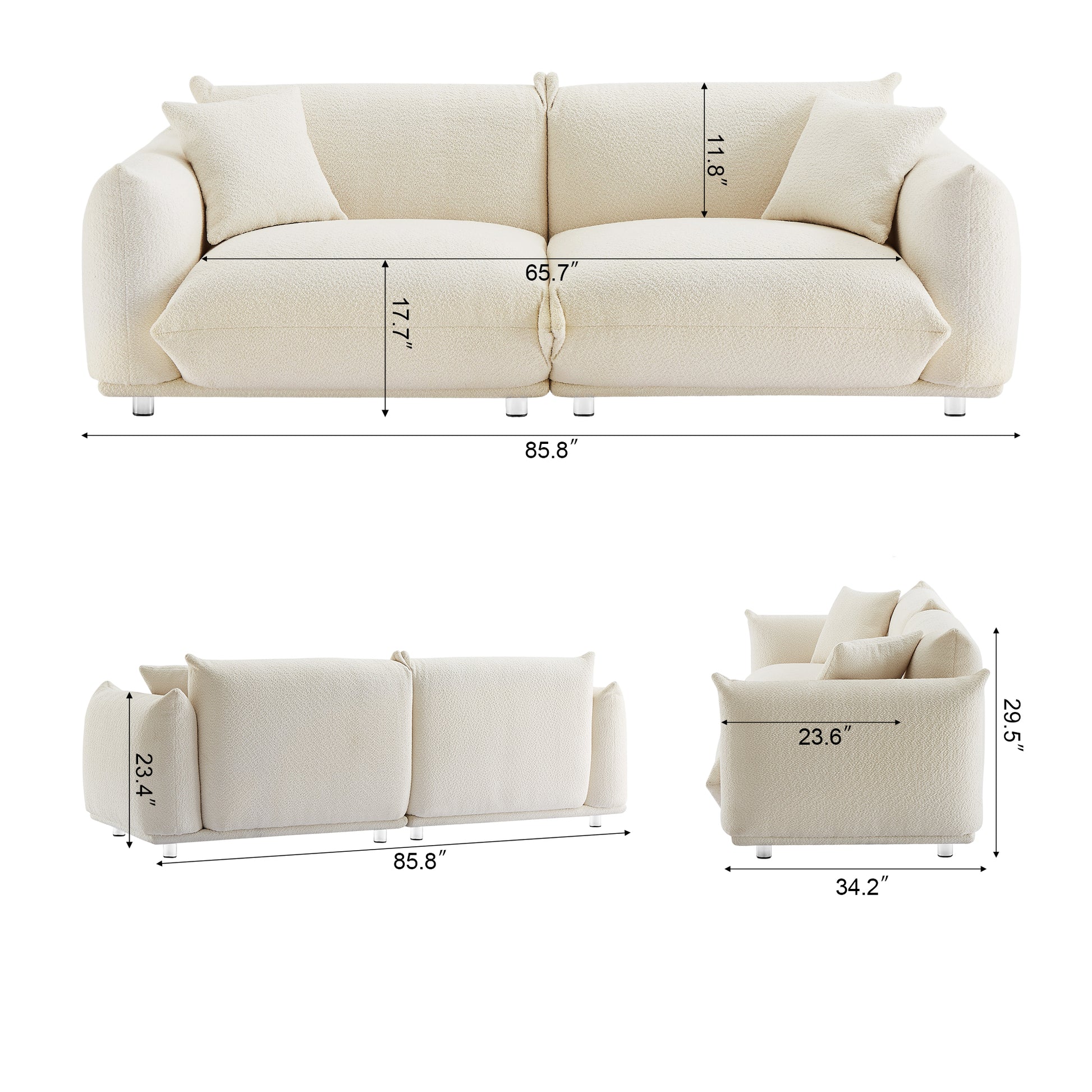 Oversized Loveseat Sofa For Living Room, Sherpa Sofa With Metal Legs, 3 Seater Sofa, Solid Wood Frame Couch With 2 Pillows, For Apartment Office Living Room White White Foam Fabric