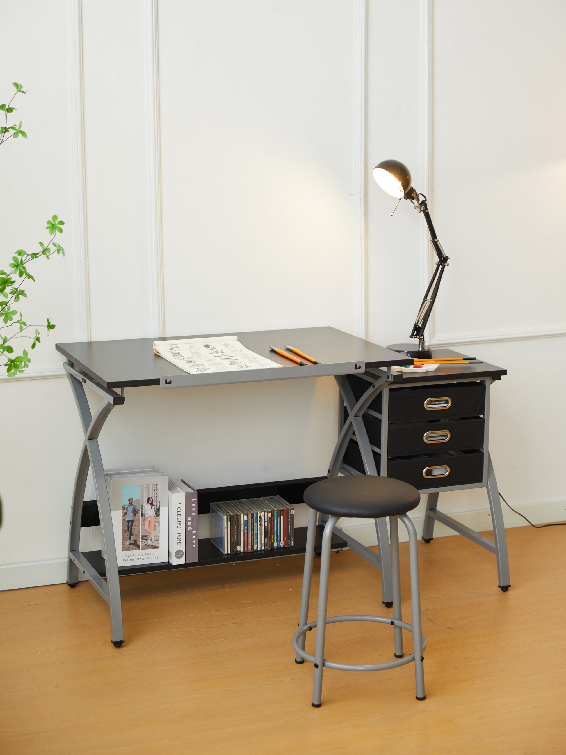 Drafting Table Sliver With Stool Silver Grey Mdf Metal