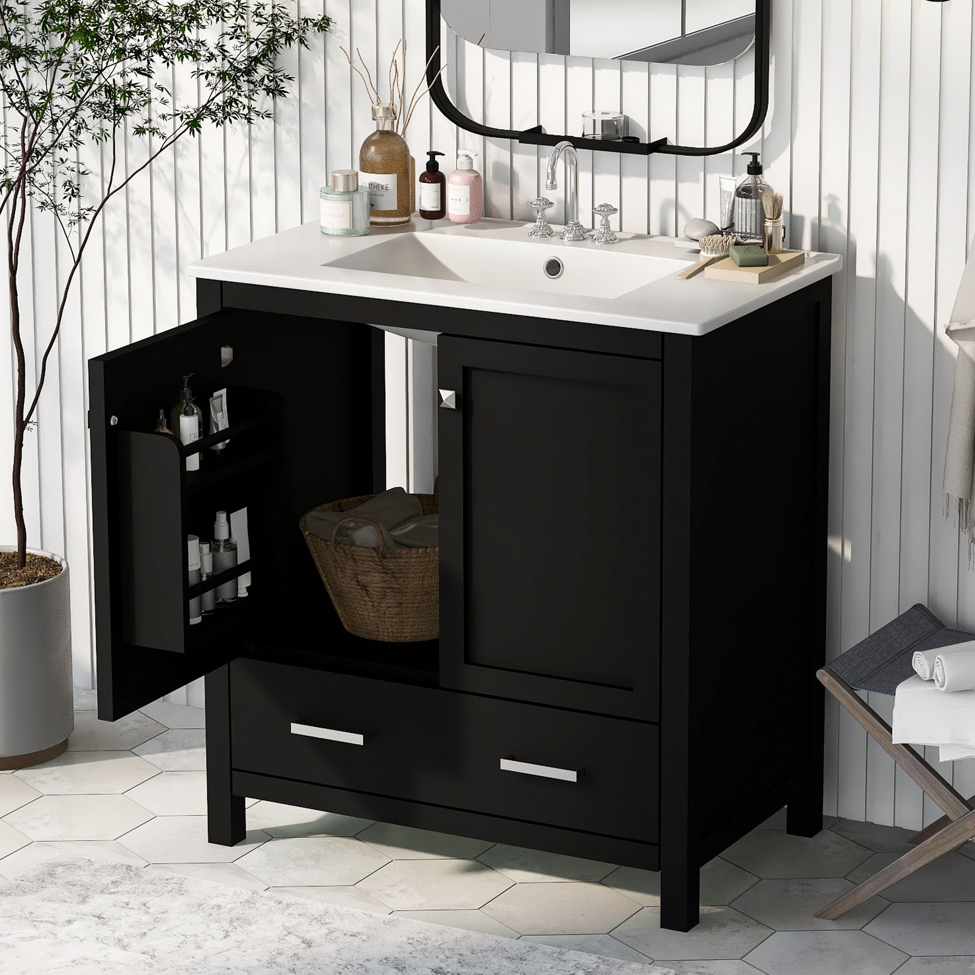 30" Black Bathroom Vanity With Single Sink, Combo Cabinet Undermount Sink, Bathroom Storage Cabinet With 2 Doors And A Drawer, Soft Closing, Multifunctional Storage, Solid Wood Frame Black Bathroom Solid Wood Mdf