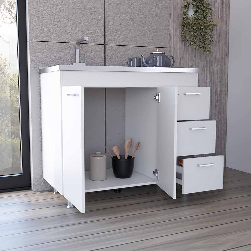 Ferretti Base Cabinetthree Drawers, Double Door, Four Legs White Freestanding 3 4 Drawers White Bedroom Shelves Included Modern Particle Board Particle Board