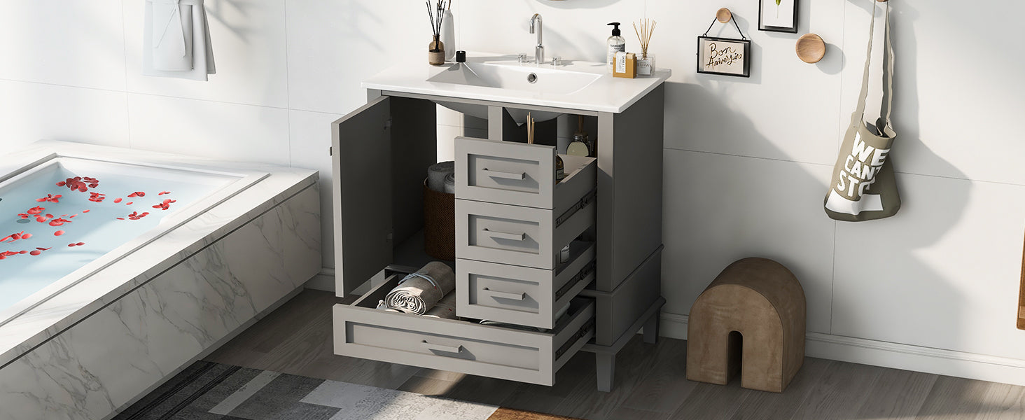 30" Bathroom Vanitymodern Bathroom Cabinet With Sink Combo Set, Bathroom Storage Cabinet With A Soft Closing Door And 3 Drawers, Solid Wood Frame Grey Grey Bathroom Solid Wood Mdf