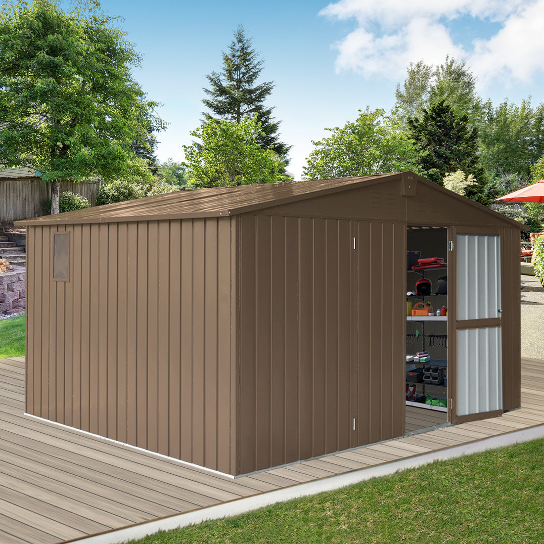 Backyard Storage Shed 11'X 9' With Galvanized Steel Frame & Windows, Outdoor Garden Shed Metal Utility Tool Storage Room With Lockable Door For Patio Brown Brown Metal