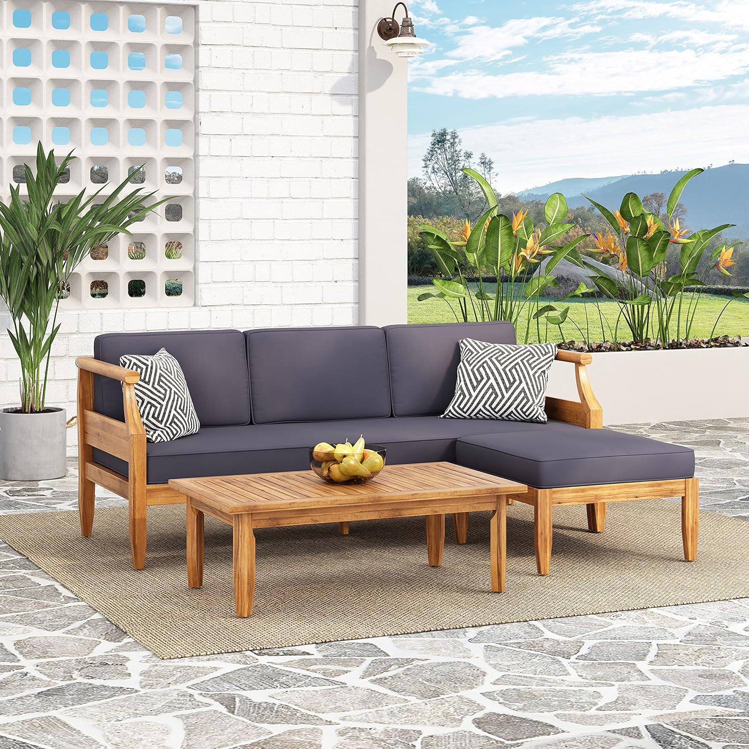 Aston Outdoor Outdoor Acacia Wood 3 Seater Sofa Chat Set With Ottoman Teak Seats 4 Acacia Wood