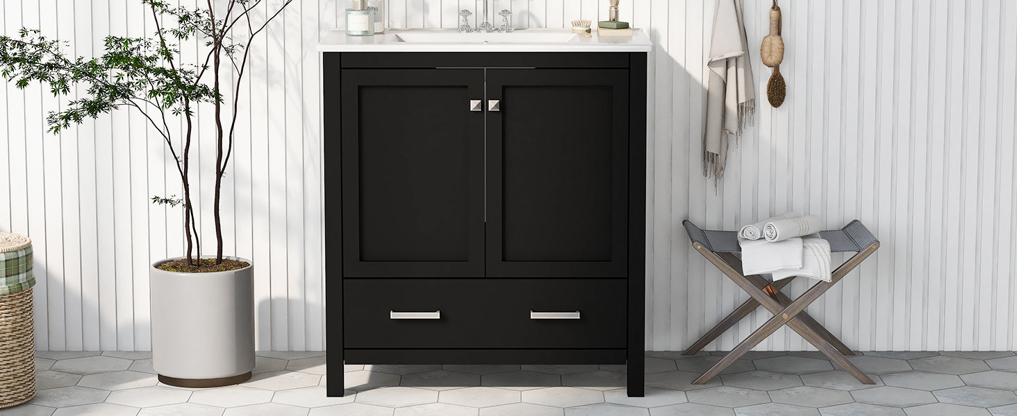 30" Black Bathroom Vanity With Single Sink, Combo Cabinet Undermount Sink, Bathroom Storage Cabinet With 2 Doors And A Drawer, Soft Closing, Multifunctional Storage, Solid Wood Frame Black Bathroom Solid Wood Mdf