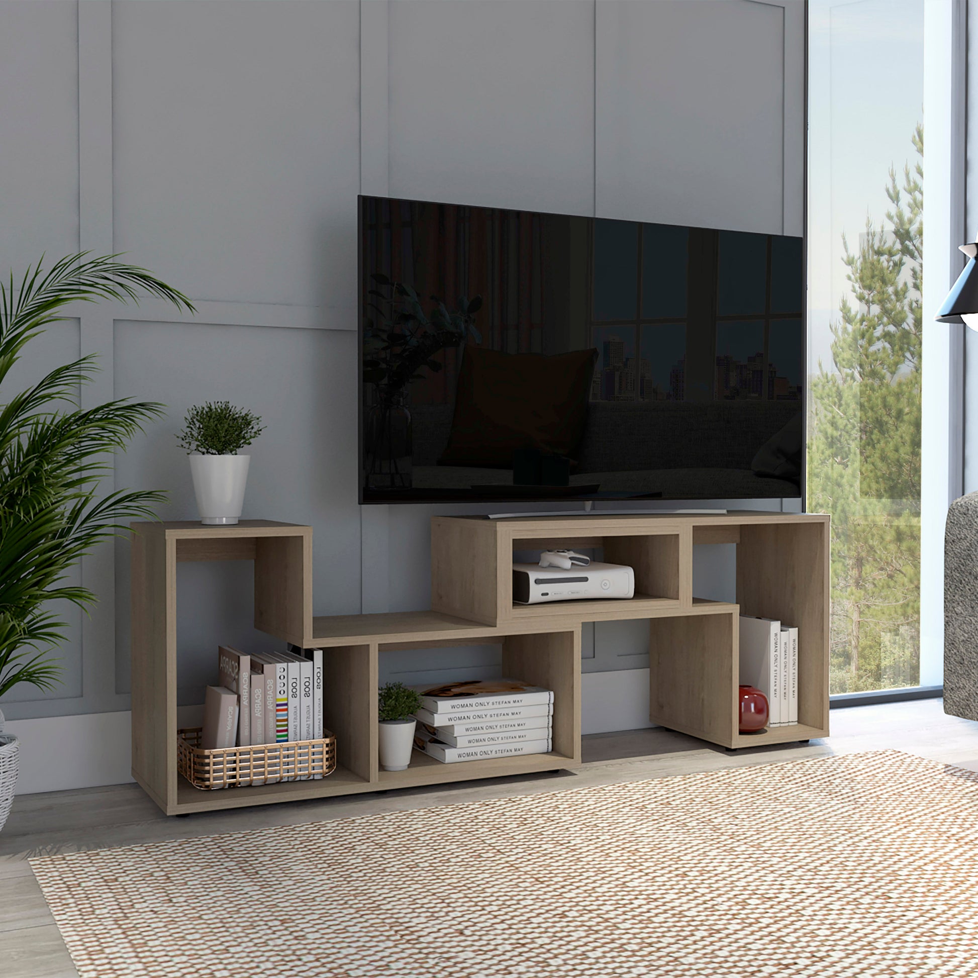 Being Extendable Tv Stand, Multiple Shelves Light Pine Beige Primary Living Space 50 59 Inches Particle Board Particle Board