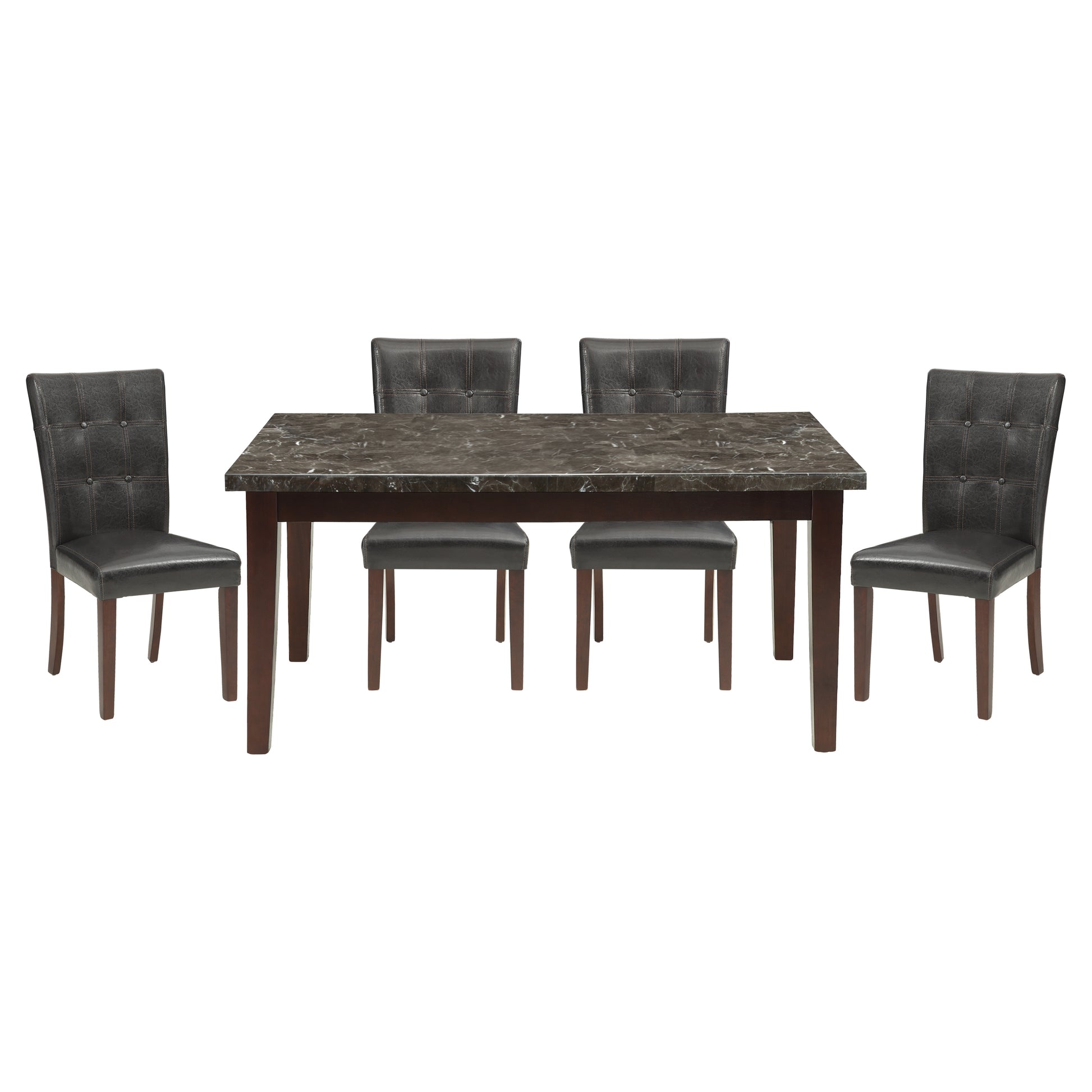 Dark Cherry Finish Wooden 5Pc Dining Set Marble Top Table And 4 Side Chairs Dark Brown Faux Leather Upholstered Dining Kitchen Furniture Set Wood Marble Dark Brown Seats 4 Wood Dining Room Classic,Transitional 4 Leg Rectangular Dining Table With Chair