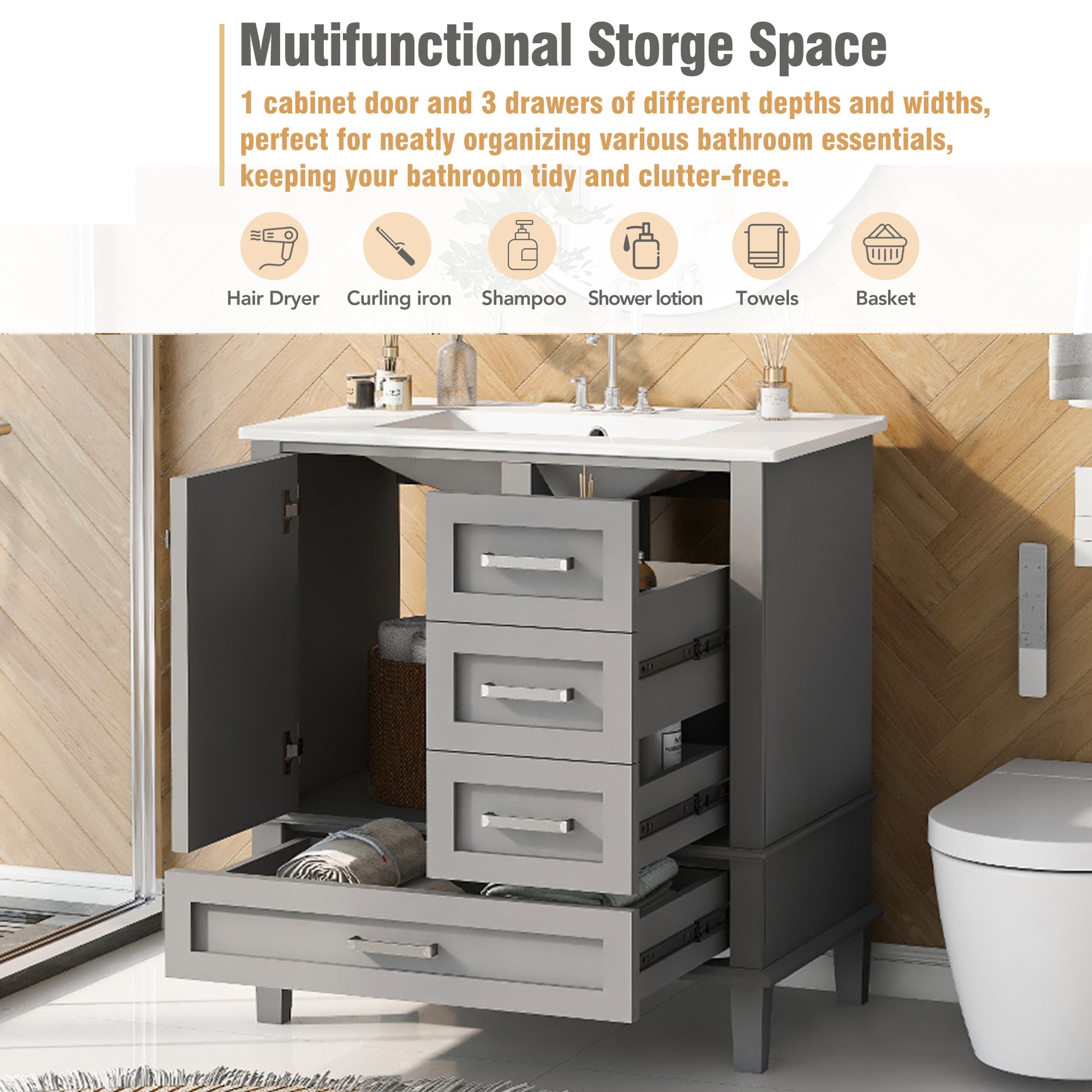 30" Bathroom Vanitymodern Bathroom Cabinet With Sink Combo Set, Bathroom Storage Cabinet With A Soft Closing Door And 3 Drawers, Solid Wood Frame Grey Grey Bathroom Solid Wood Mdf