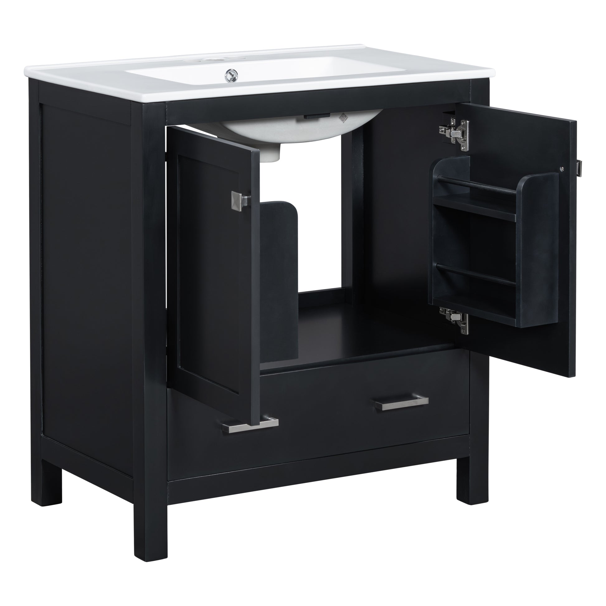 30" Black Bathroom Vanity With Single Sink, Combo Cabinet Undermount Sink, Bathroom Storage Cabinet With 2 Doors And A Drawer, Soft Closing, Multifunctional Storage, Solid Wood Frame Black Bathroom Solid Wood Mdf