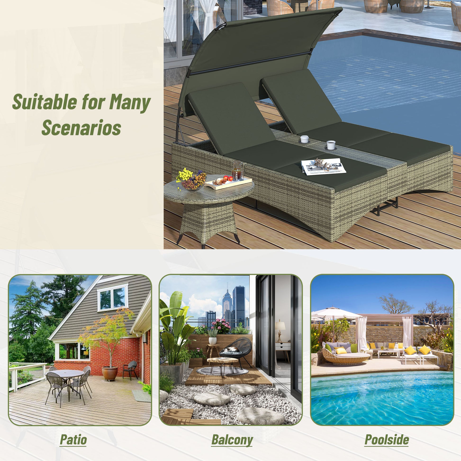 Patio Daybed Outdoor Daybed Outdoor Rattan Sun Lounger With Shelter Roof With Adjustable Backrest, Storage Box And 2 Cup Holders For Patio, Balcony, Poolside,Grey Yes Grey Seats 2 Water Resistant Frame Water Resistant Cushion Garden & Outdoor Sectional