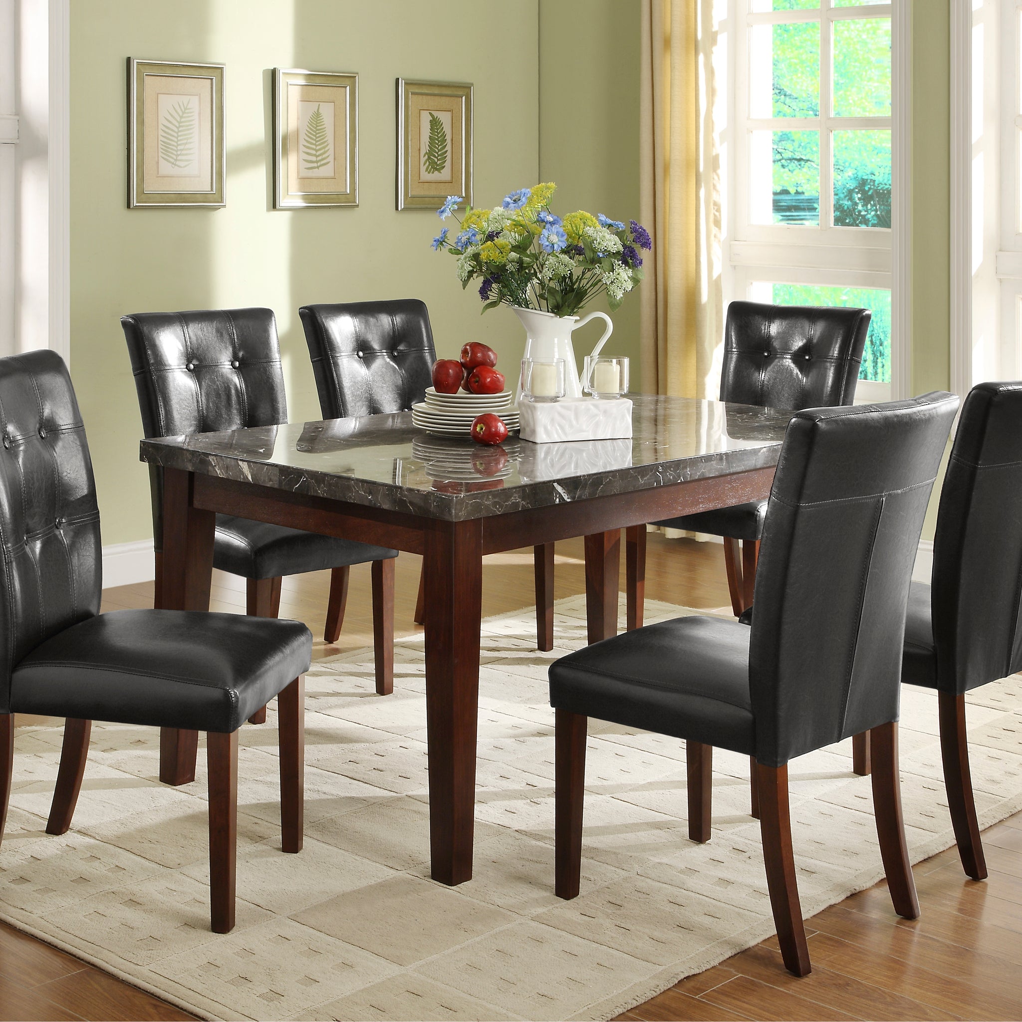 Dark Cherry Finish Wooden 7Pc Dining Set Marble Top Table And 6 Side Chairs Dark Brown Faux Leather Upholstered Dining Kitchen Furniture Set Wood Marble Dark Brown Seats 6 Wood Dining Room Classic,Transitional 4 Leg Rectangular Dining Table With Chair