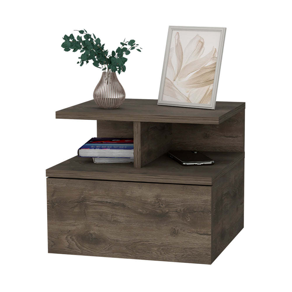 Dark Walnut 2 Tier Shelf Floating Nightstand Walnut 1 Drawer Bedroom Floating Shelf Walnut Wood