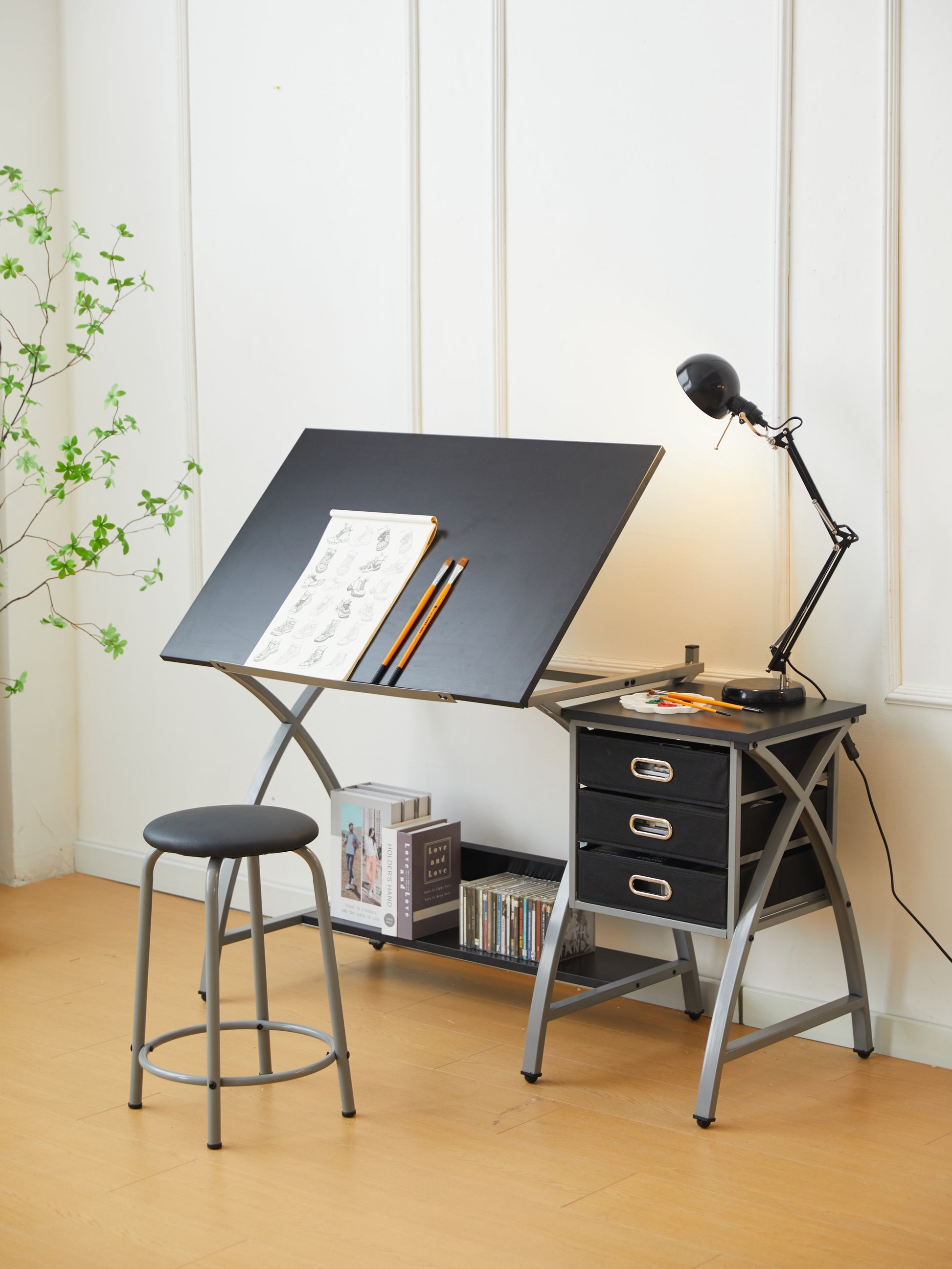 Drafting Table Sliver With Stool Silver Grey Mdf Metal