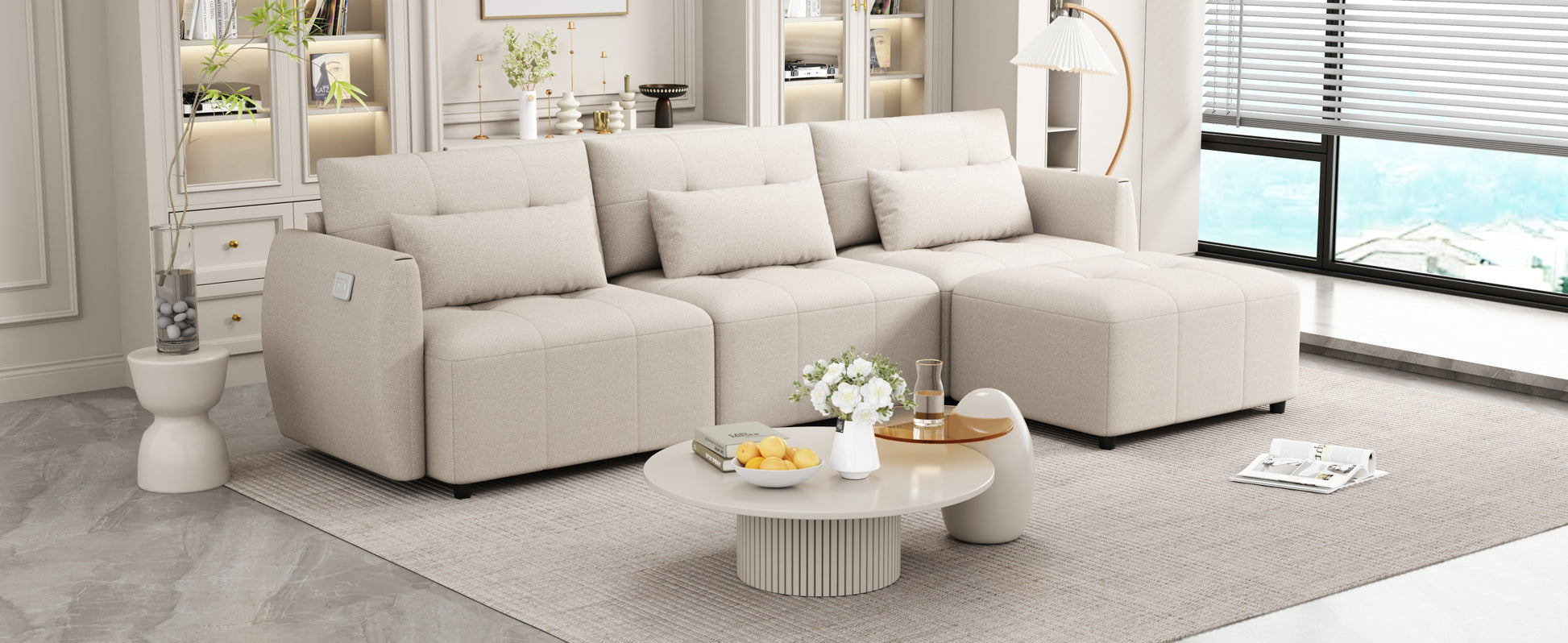 113.3" Convertible Sectional Sofa Couch 3 Seat L Shaped Sofa With Movable Ottoman And Usb For Apartment, Living Room, Bedroom, Beige Beige Chenille 3 Seat