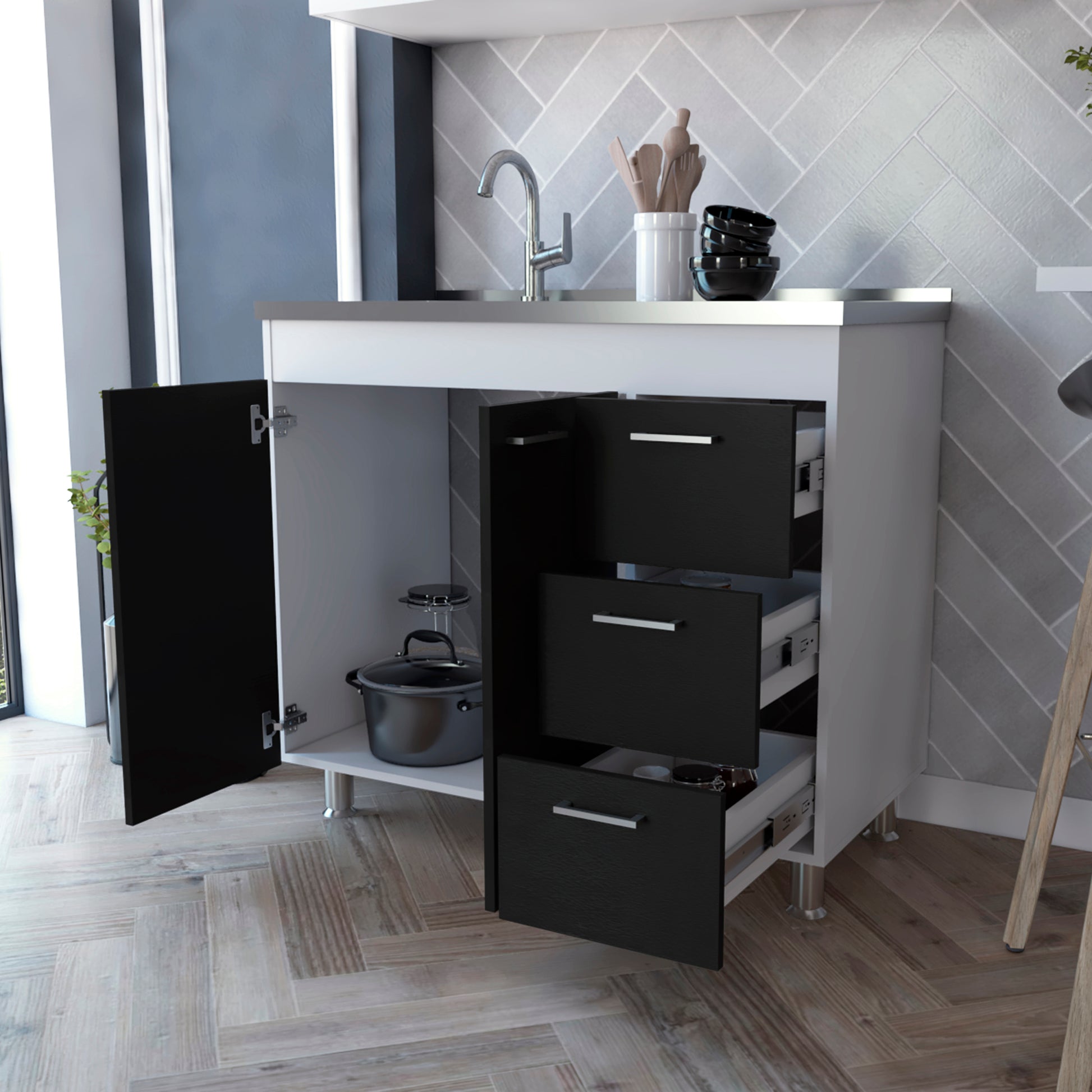 Ferretti Base Cabinetthree Drawers, Double Door, Four Legs White Black Multicolor Kitchen Shelves Included Modern Particle Board Particle Board