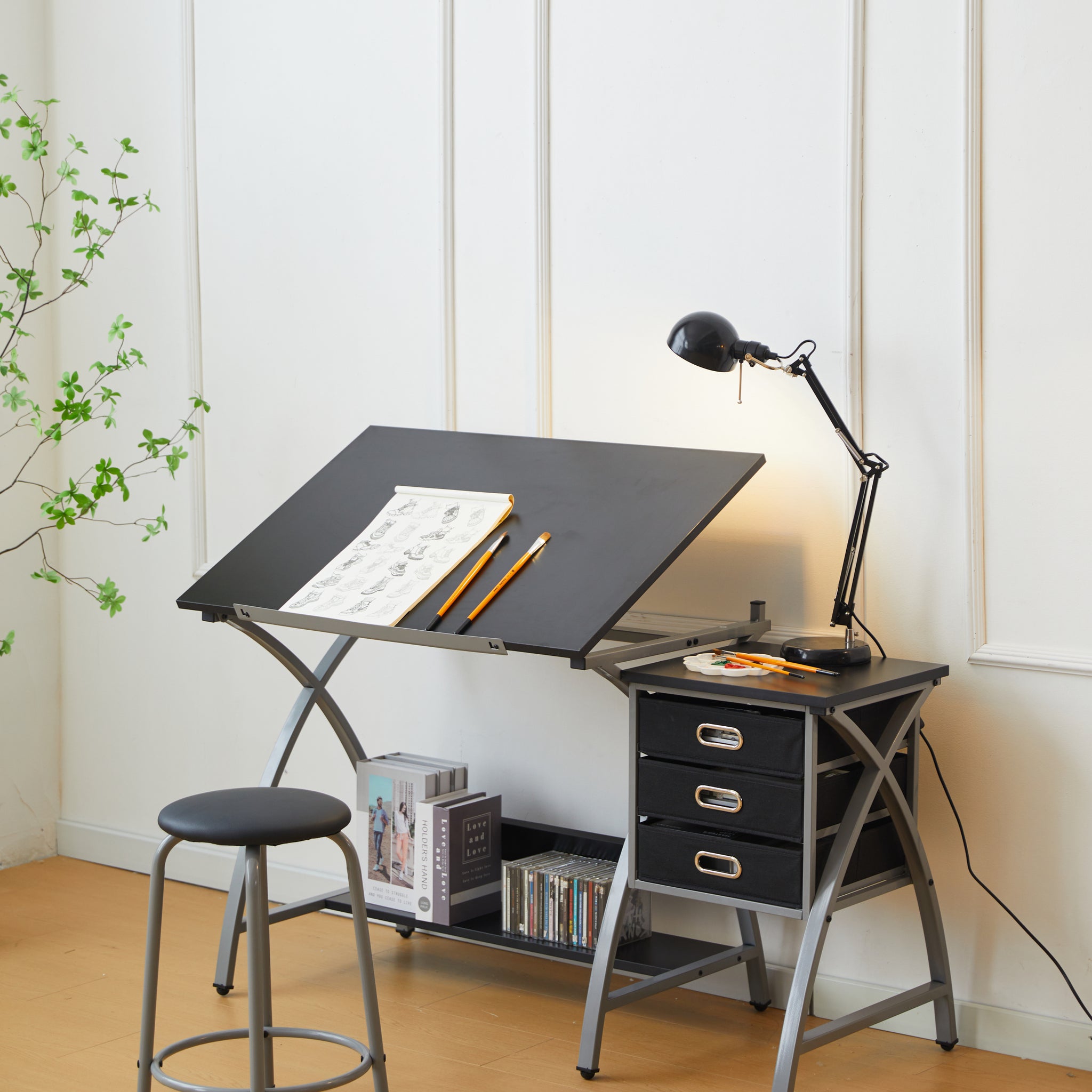 Drafting Table Sliver With Stool Silver Grey Mdf Metal