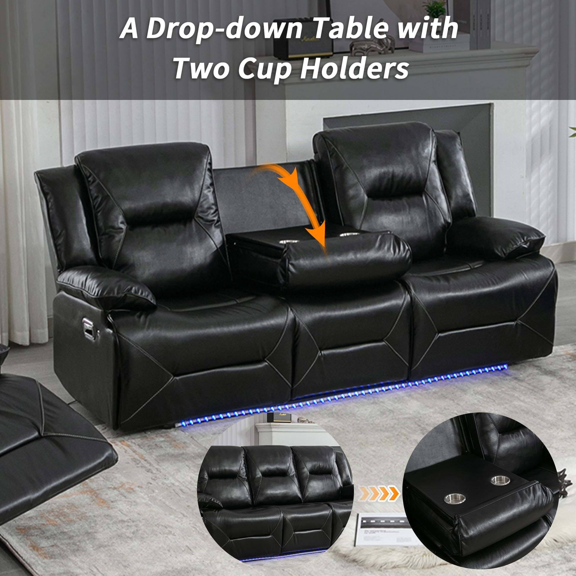 3 Seater Home Theater Recliner Manual Recliner Chair With A Led Light Strip Two Built In Cup Holders For Living Room,Bedroom, Black Black Foam Pu