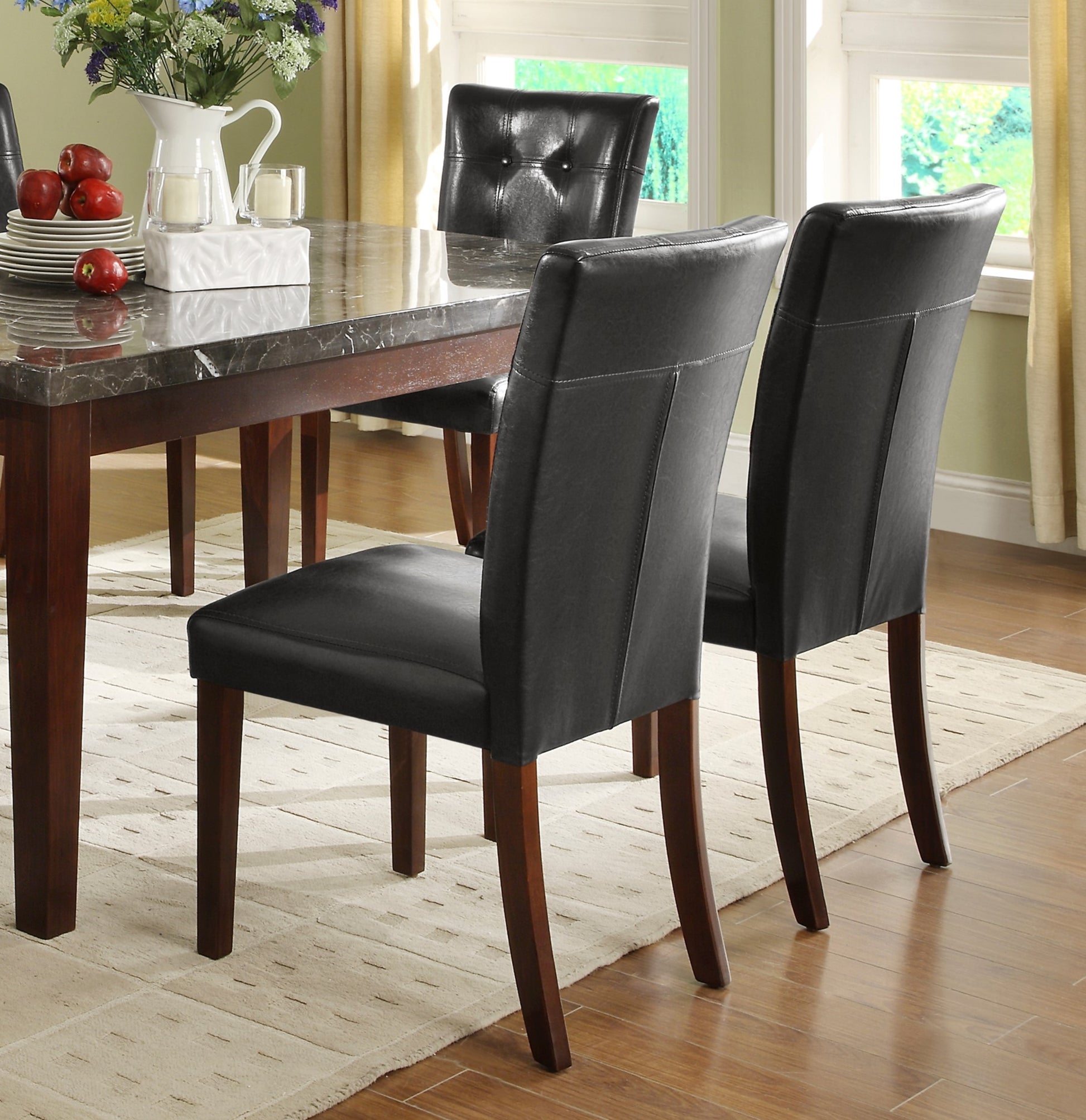 Dark Cherry Finish Wooden 7Pc Dining Set Marble Top Table And 6 Side Chairs Dark Brown Faux Leather Upholstered Dining Kitchen Furniture Set Wood Marble Dark Brown Seats 6 Wood Dining Room Classic,Transitional 4 Leg Rectangular Dining Table With Chair