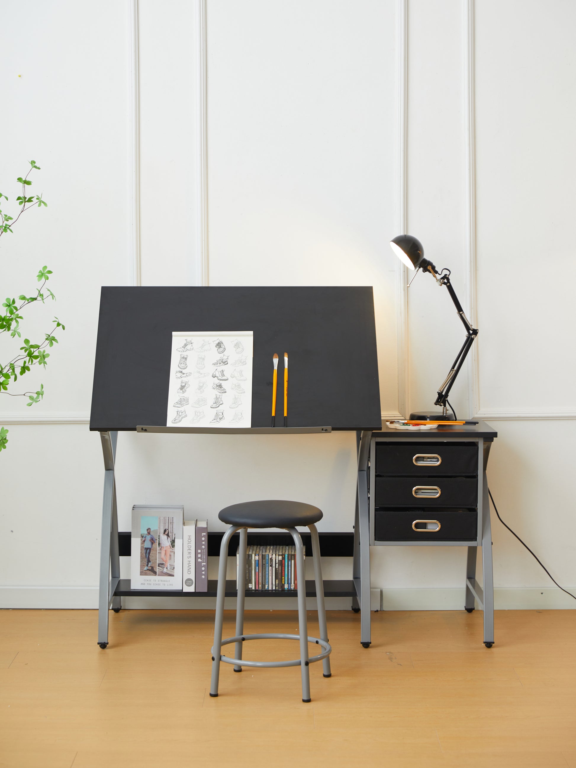 Drafting Table Sliver With Stool Silver Grey Mdf Metal