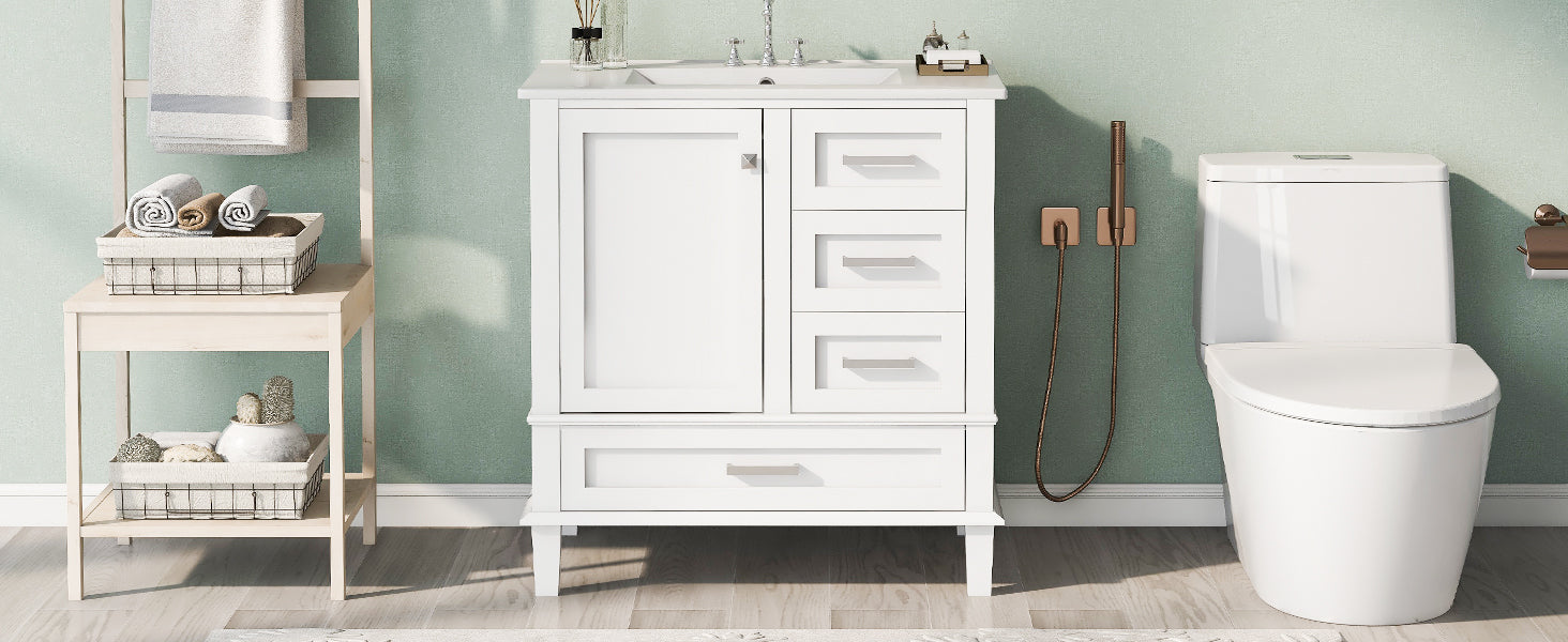 30" Bathroom Vanitymodern Bathroom Cabinet With Sink Combo Set, Bathroom Storage Cabinet With A Soft Closing Door And 3 Drawers, Solid Wood Frame White White Bathroom Solid Wood Mdf