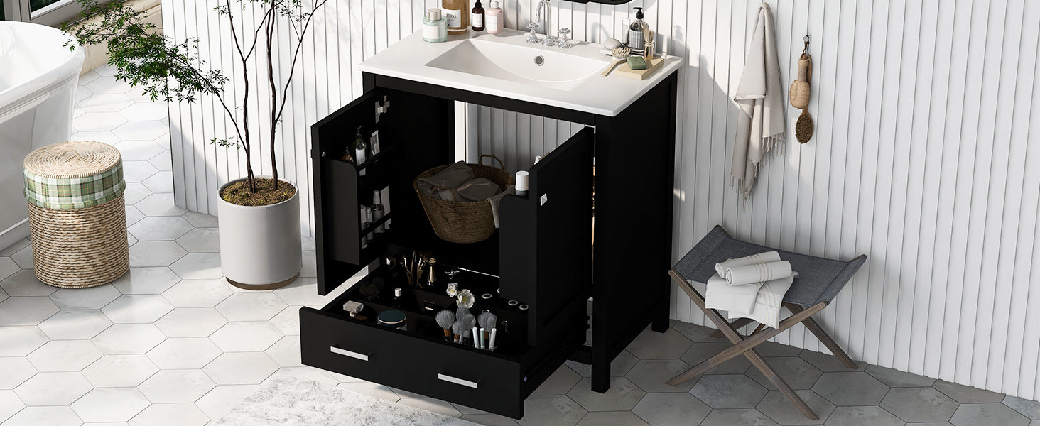 30" Black Bathroom Vanity With Single Sink, Combo Cabinet Undermount Sink, Bathroom Storage Cabinet With 2 Doors And A Drawer, Soft Closing, Multifunctional Storage, Solid Wood Frame Black Bathroom Solid Wood Mdf