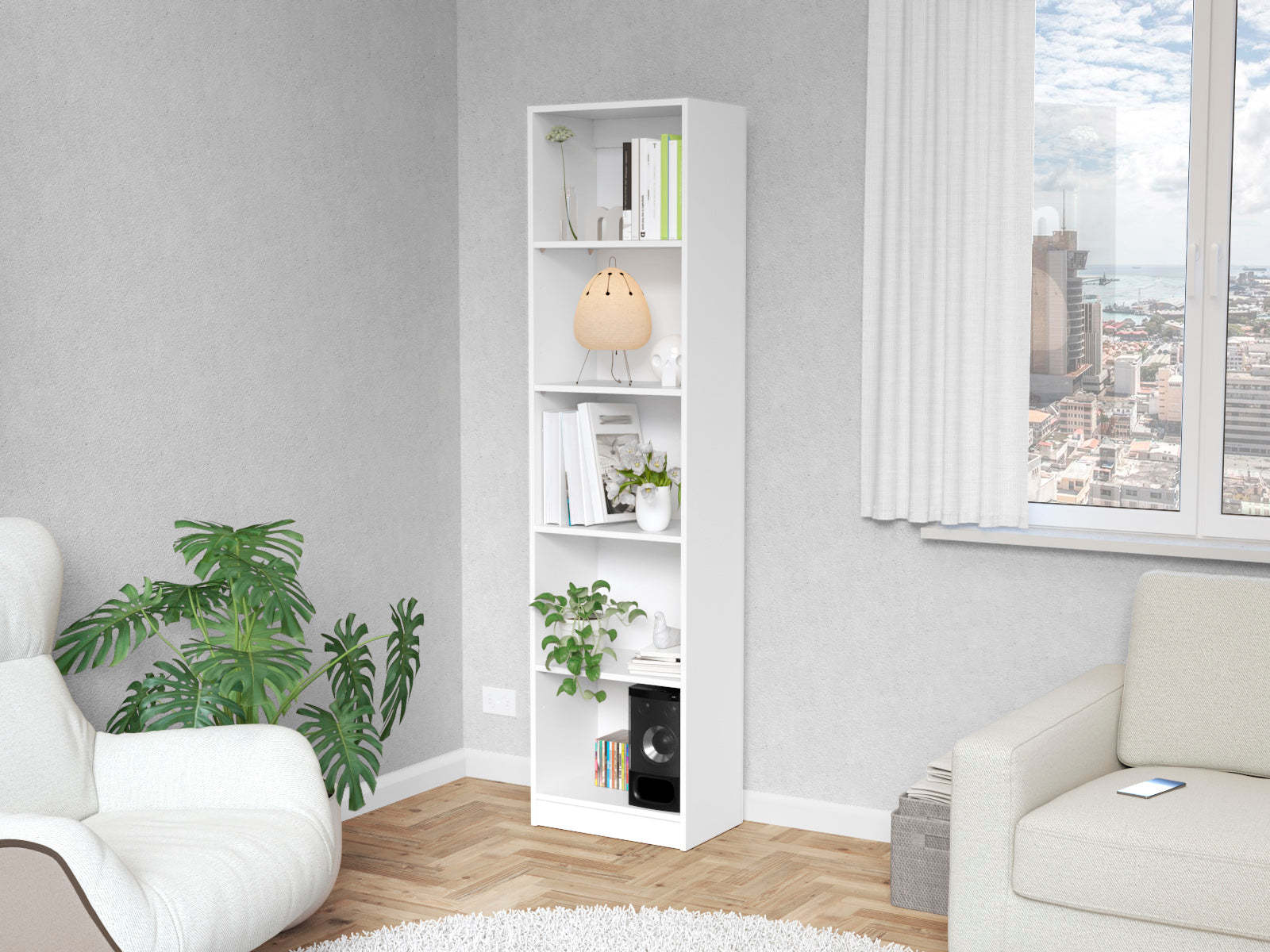 White 5 Shelf Slim Bookcase 5 White White Standard Horizontal Primary Living Space Closed Back Wood Wood