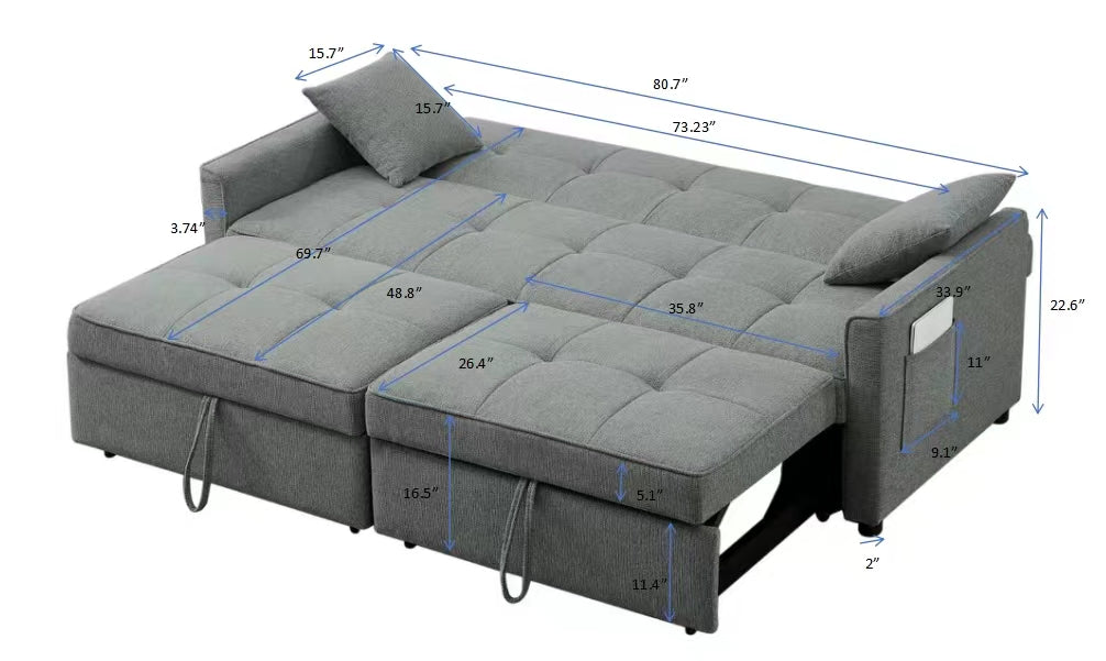 83.47 Inch Large Size Dark Grey Fabric 3 In 1 Convertible Sleeper Sofa Bed,For Living Room, Bedroom, Apartment, Office Dark Grey Fabric 3 Seat