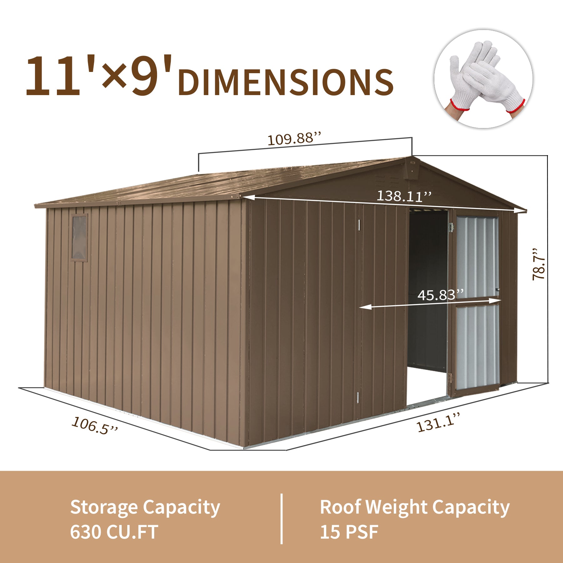 Backyard Storage Shed 11'X 9' With Galvanized Steel Frame & Windows, Outdoor Garden Shed Metal Utility Tool Storage Room With Lockable Door For Patio Brown Brown Metal