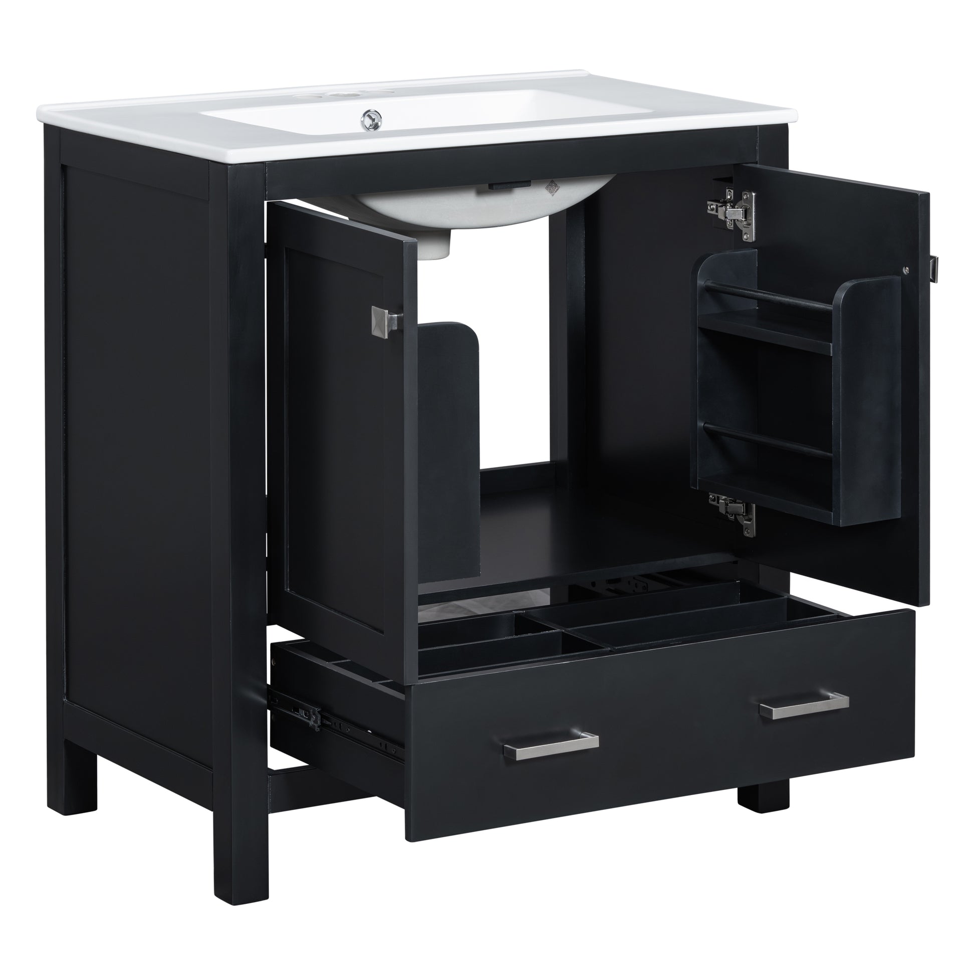 30" Black Bathroom Vanity With Single Sink, Combo Cabinet Undermount Sink, Bathroom Storage Cabinet With 2 Doors And A Drawer, Soft Closing, Multifunctional Storage, Solid Wood Frame Black Bathroom Solid Wood Mdf