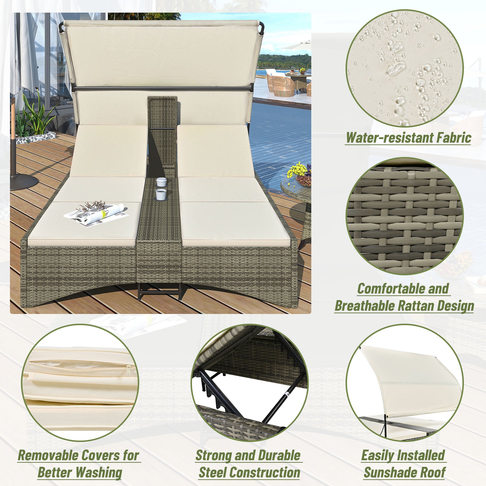 Patio Daybed Outdoor Daybed Outdoor Rattan Sun Lounger With Shelter Roof With Adjustable Backrest, Storage Box And 2 Cup Holders For Patio, Balcony, Poolside,Cream Yes Cream Seats 2 Water Resistant Frame Water Resistant Cushion Garden & Outdoor Sectional