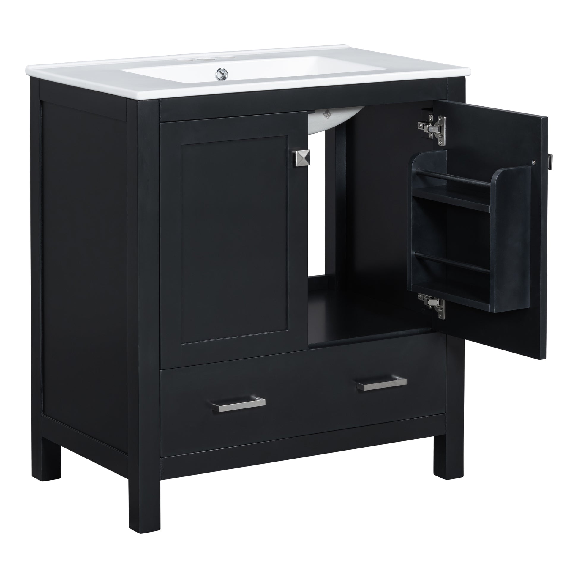 30" Black Bathroom Vanity With Single Sink, Combo Cabinet Undermount Sink, Bathroom Storage Cabinet With 2 Doors And A Drawer, Soft Closing, Multifunctional Storage, Solid Wood Frame Black Bathroom Solid Wood Mdf