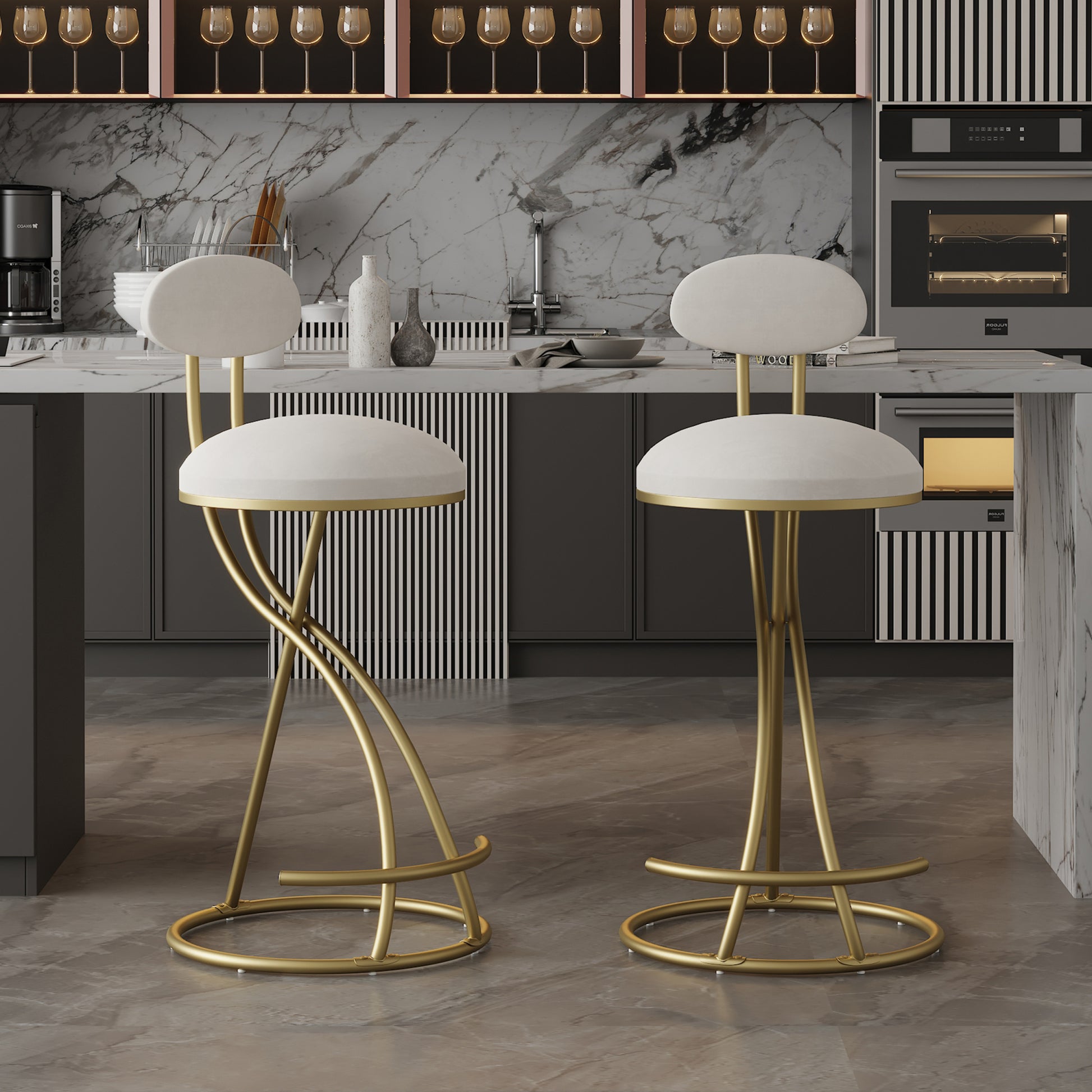 Round Bar Stool Armless Velvet Barstools With Back Set Of 2 Upholstered Counter Chair For Dining Room, Kitchen Island Gold & Creamy White Metal Gold Creamy White Kitchen Powder Coated Dry Clean Modern Set Of 2 Foam Metal