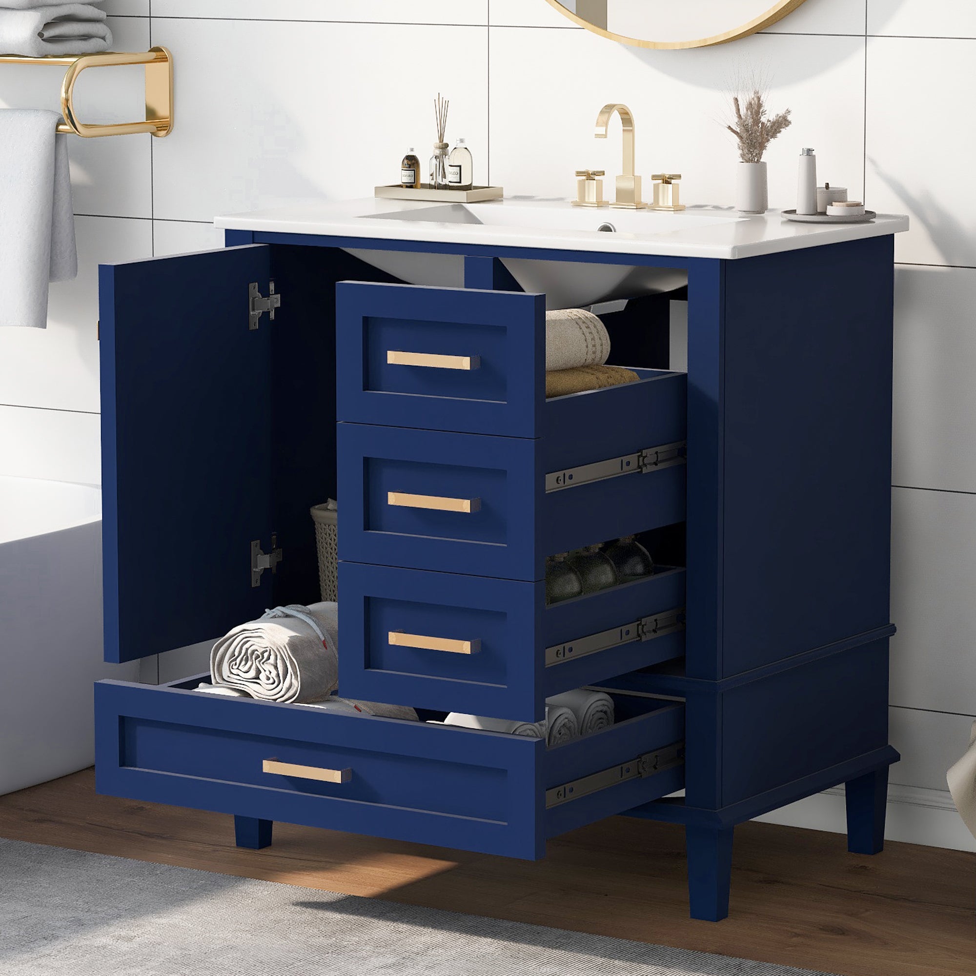 30" Bathroom Vanitymodern Bathroom Cabinet With Sink Combo Set, Bathroom Storage Cabinet With A Soft Closing Door And 3 Drawers, Solid Wood Frame Blue Blue Bathroom Solid Wood Mdf