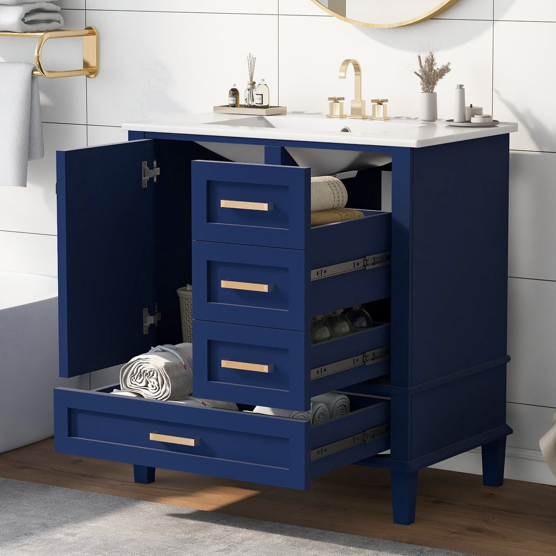 30" Bathroom Vanitymodern Bathroom Cabinet With Sink Combo Set, Bathroom Storage Cabinet With A Soft Closing Door And 3 Drawers, Solid Wood Frame Blue Blue Bathroom Solid Wood Mdf