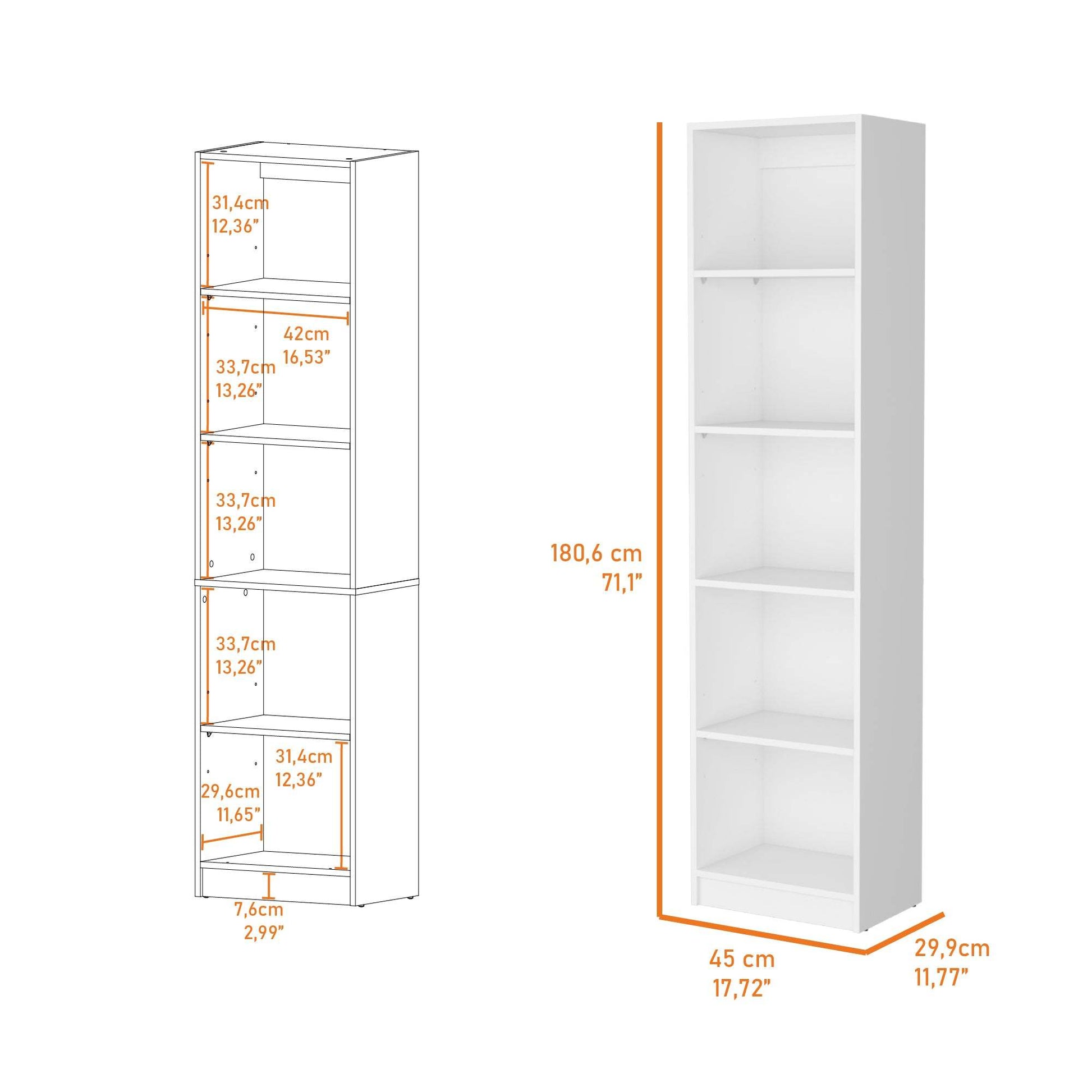 White 5 Shelf Slim Bookcase 5 White White Standard Horizontal Primary Living Space Closed Back Wood Wood