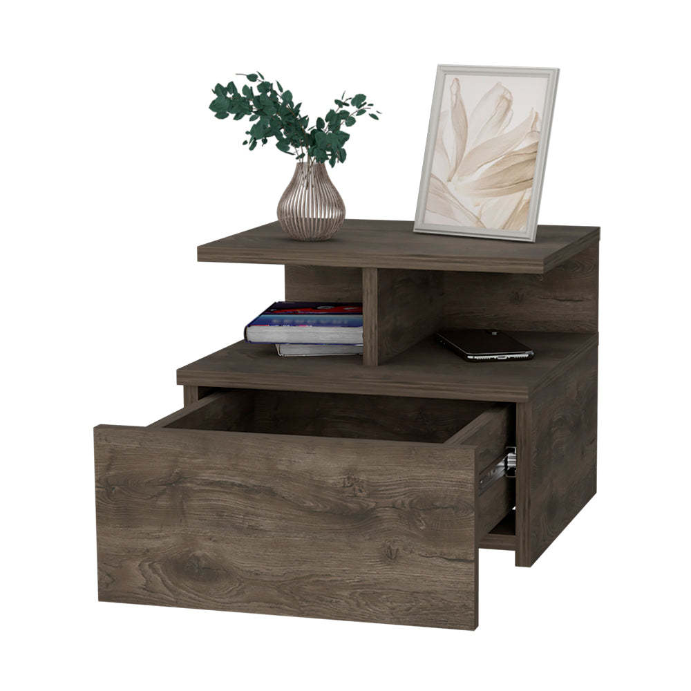 Dark Walnut 2 Tier Shelf Floating Nightstand Walnut 1 Drawer Bedroom Floating Shelf Walnut Wood