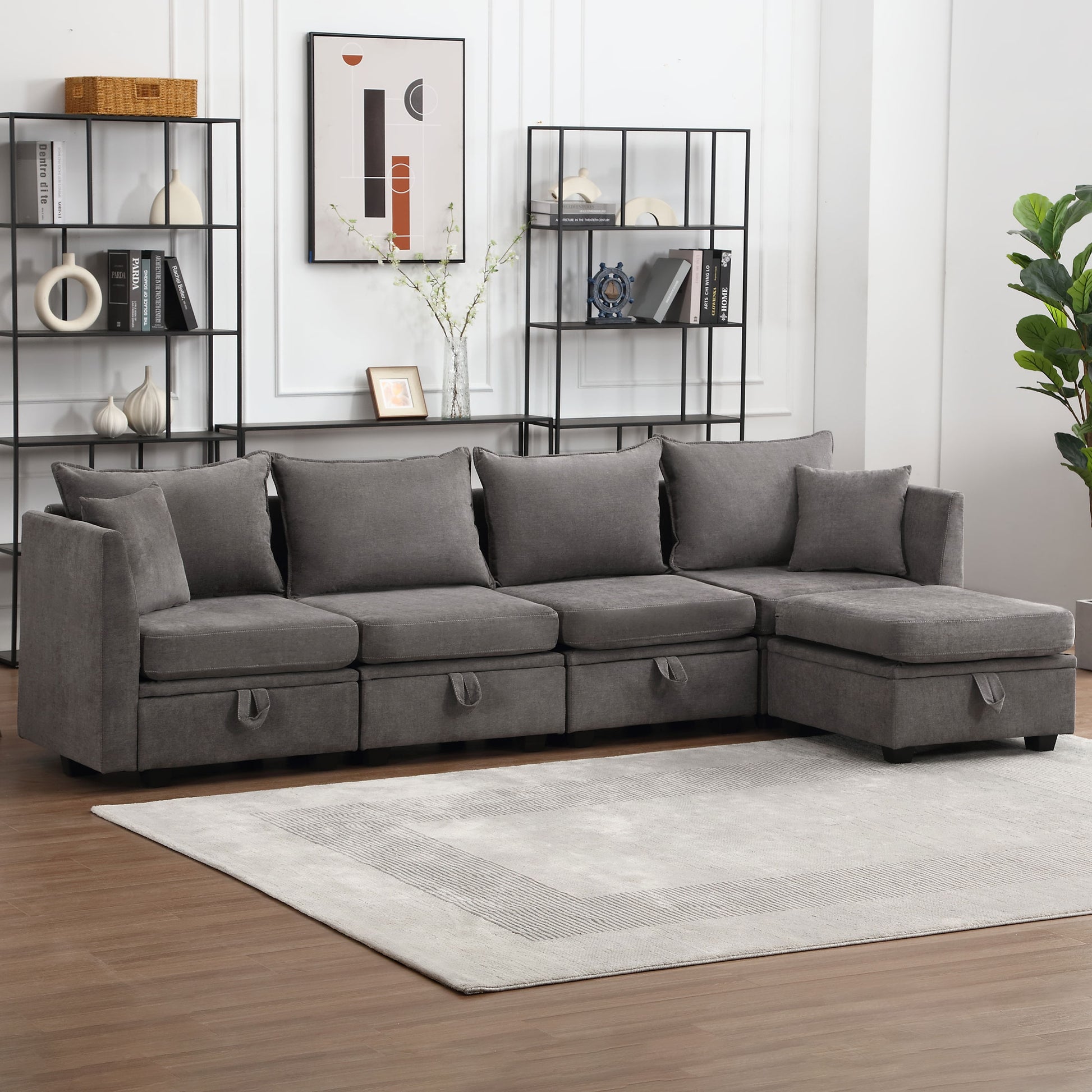 Modular Sectional Sofa, Convertible Sofa Couch With Storage, Sleeper Sectional Sofa Set, Flexible Modular Combinations Fabric Couch For Living Room Grey,5 Seat Sofa Grey Wood Soft Heavy Duty Fabric 5 Seat