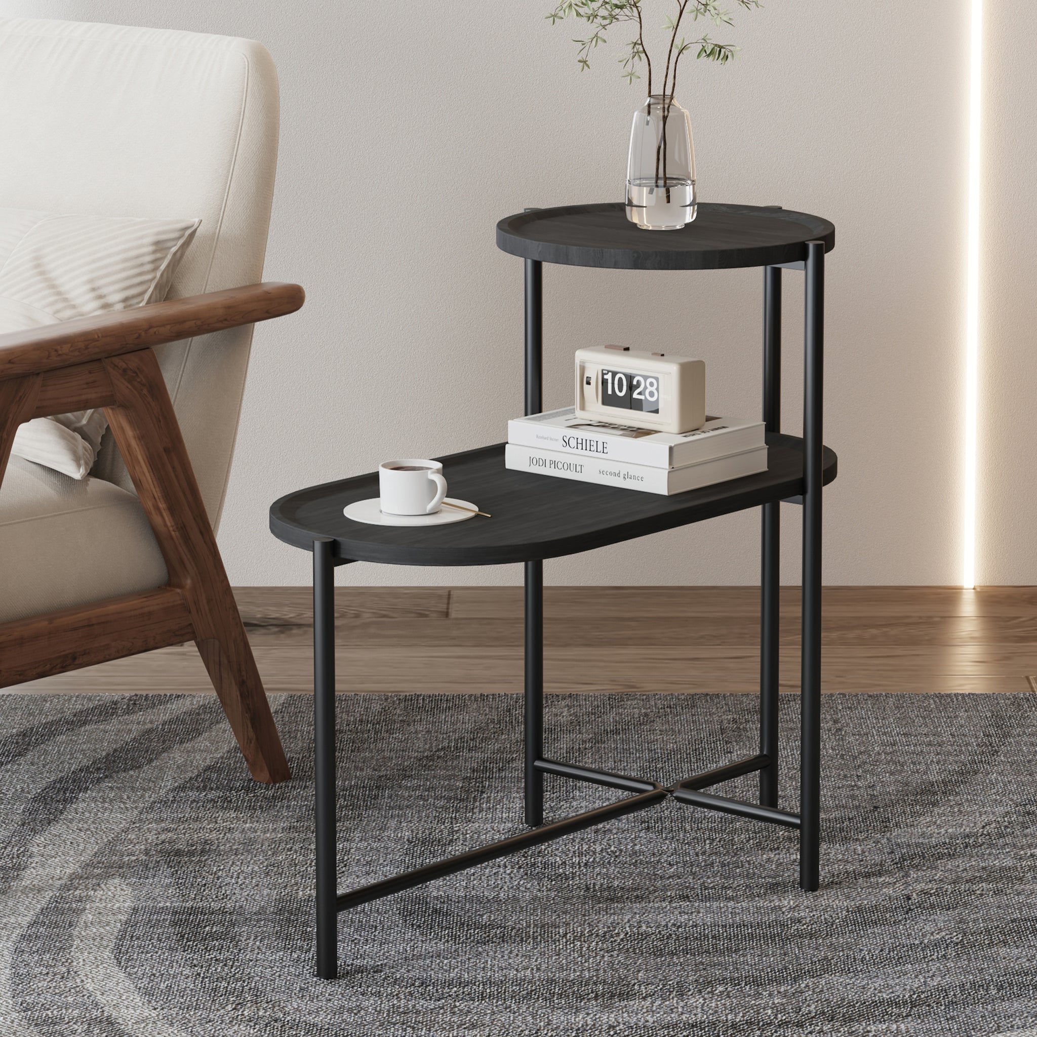 Round Coffee Table With Storage Tray 2 Tier Oval End Tables Wooden Small Side Table For Living Room Black Black Primary Living Space Modern Freestanding Round Shelves Coffee & End Tables Round Metal