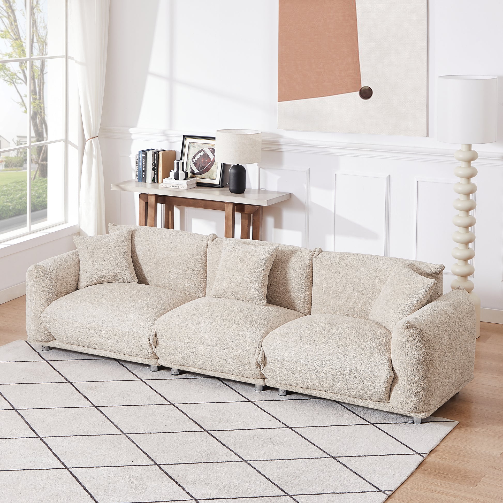 Originality Shapes Camel Lambswool Sherpa 4 Seater Sofa With Metal Legs, Solid Wood Frame Couch With 3 Pillows, Linear And Modular Version Design, Possibility Combined Armchair Current Style Camel