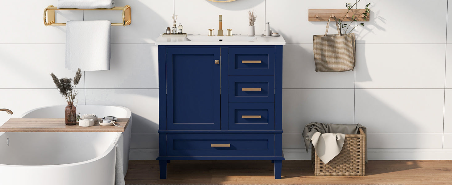 30" Bathroom Vanitymodern Bathroom Cabinet With Sink Combo Set, Bathroom Storage Cabinet With A Soft Closing Door And 3 Drawers, Solid Wood Frame Blue Blue Bathroom Solid Wood Mdf