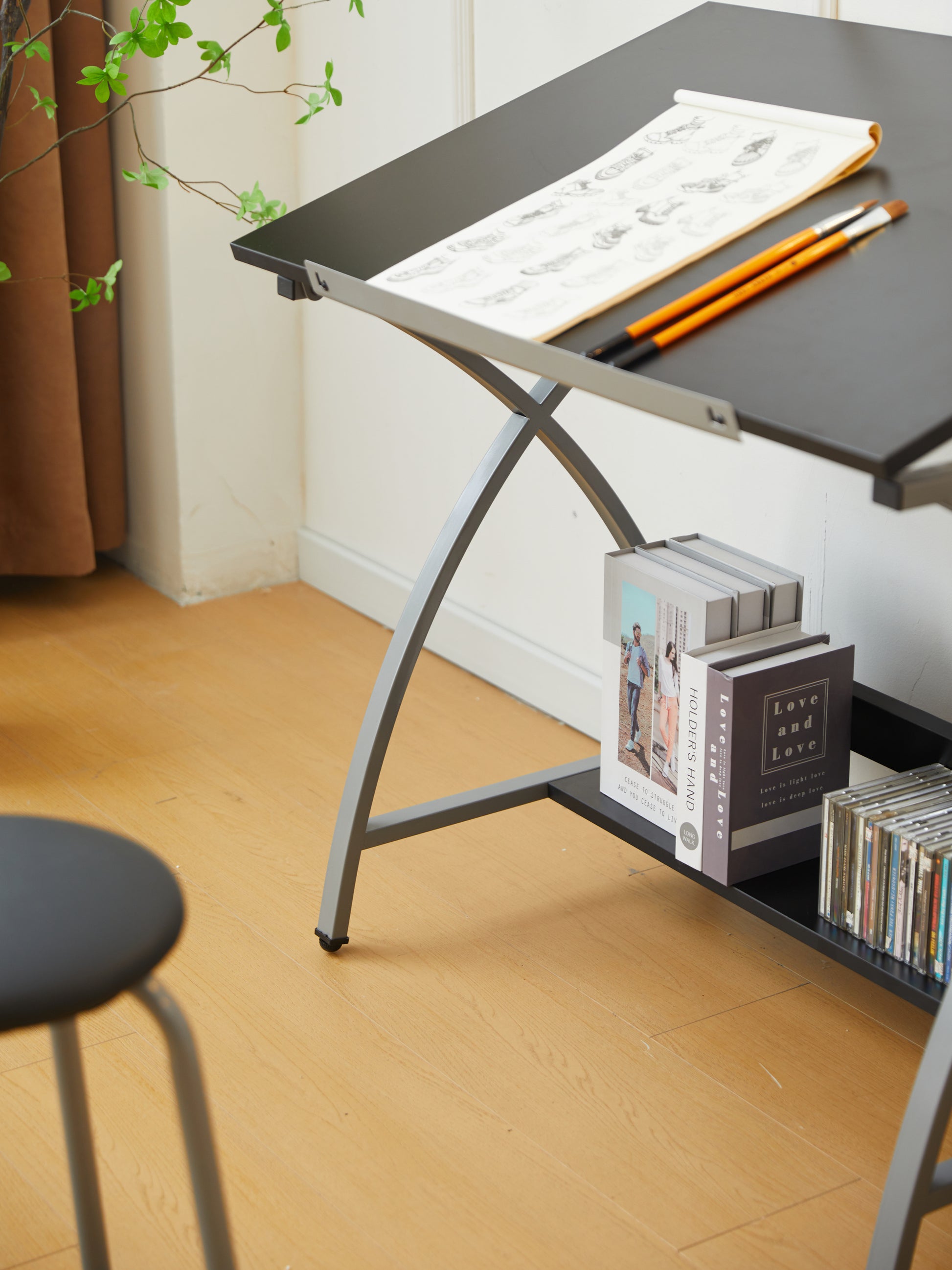 Drafting Table Sliver With Stool Silver Grey Mdf Metal