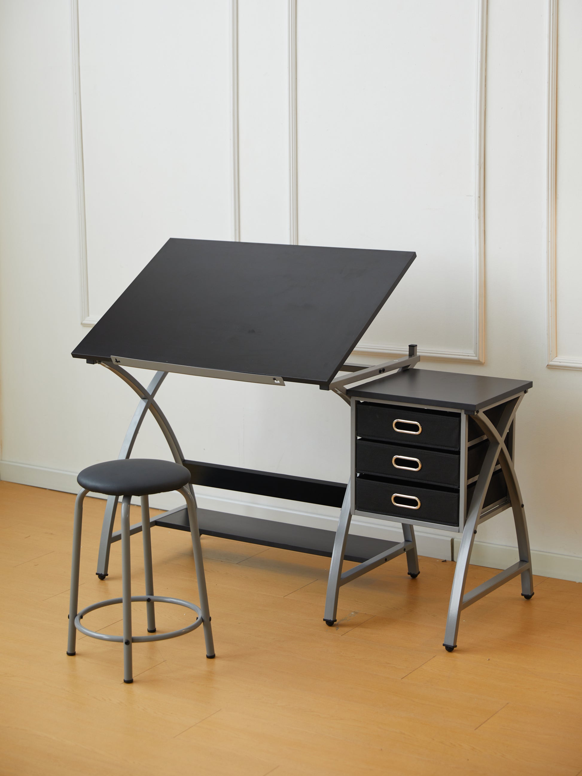 Drafting Table Sliver With Stool Silver Grey Mdf Metal