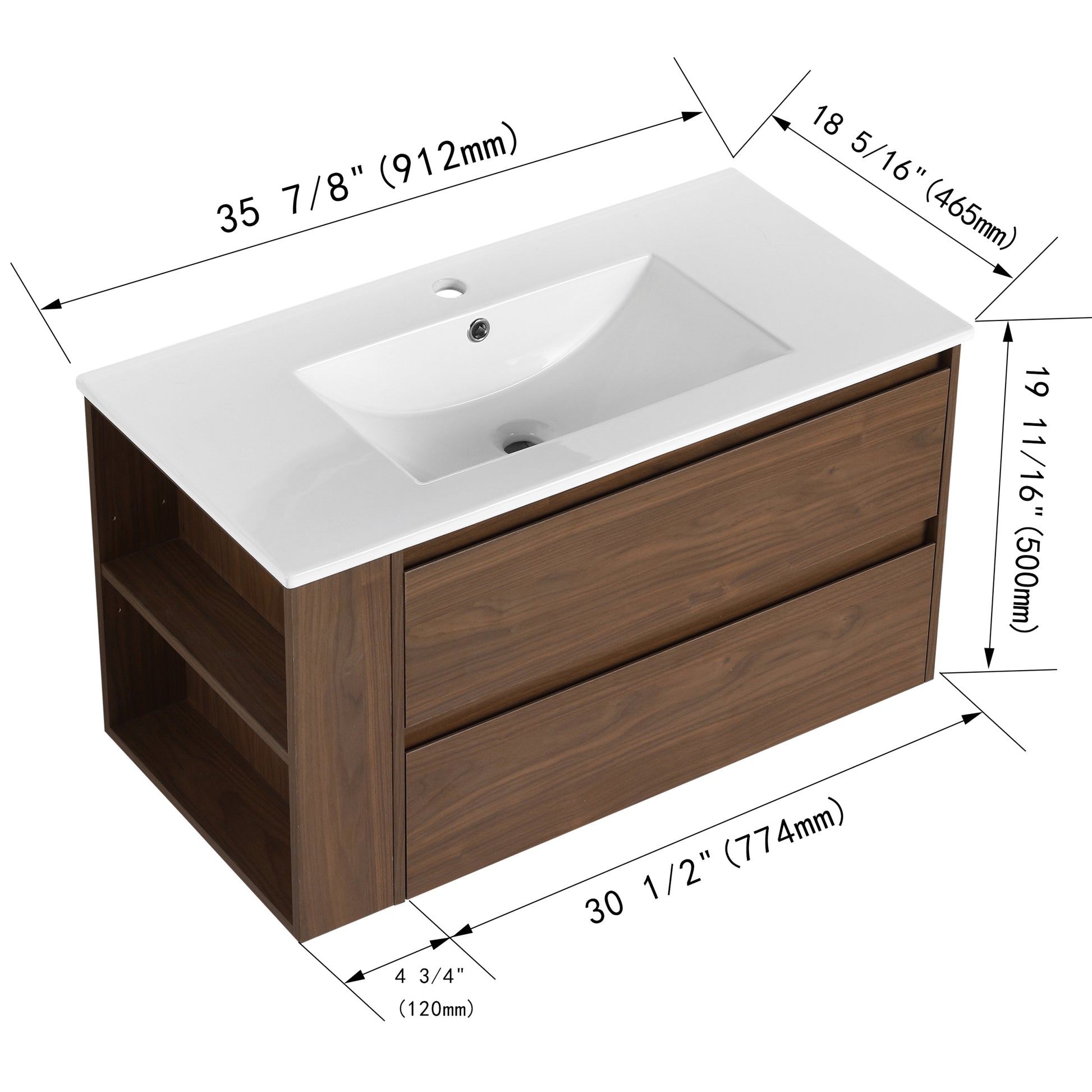 36" Wall Mounting Bathroom Vanity With Ceramic Sink, Soft Close Drawer 2 Brown Oak 1 Bathroom Wall Mounted Modern Plywood