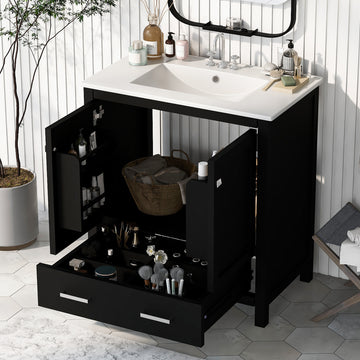 30" Black Bathroom Vanity With Single Sink, Combo Cabinet Undermount Sink, Bathroom Storage Cabinet With 2 Doors And A Drawer, Soft Closing, Multifunctional Storage, Solid Wood Frame Black Bathroom Solid Wood Mdf