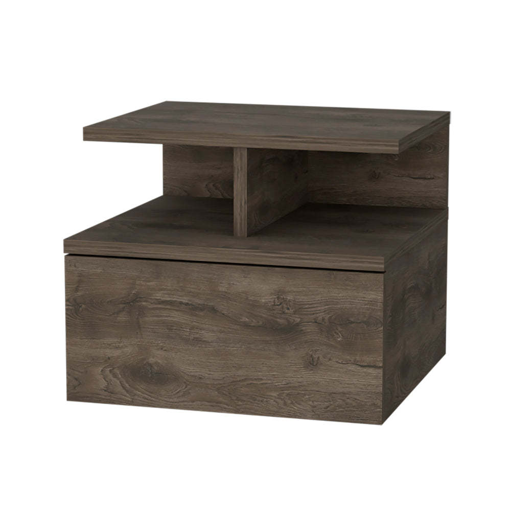 Dark Walnut 2 Tier Shelf Floating Nightstand Walnut 1 Drawer Bedroom Floating Shelf Walnut Wood