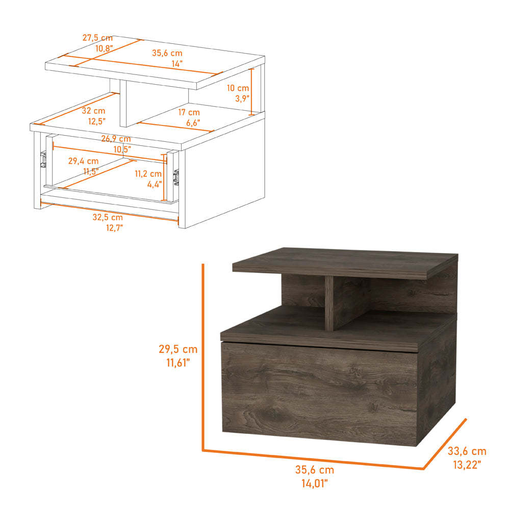 Dark Walnut 2 Tier Shelf Floating Nightstand Walnut 1 Drawer Bedroom Floating Shelf Walnut Wood