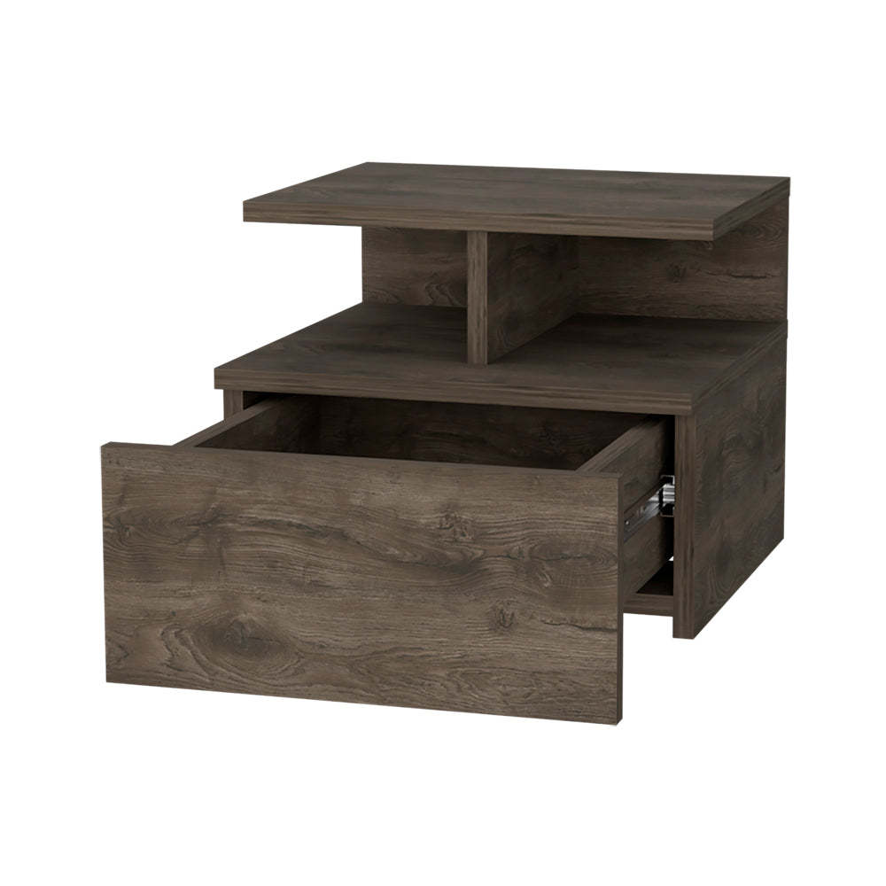 Dark Walnut 2 Tier Shelf Floating Nightstand Walnut 1 Drawer Bedroom Floating Shelf Walnut Wood