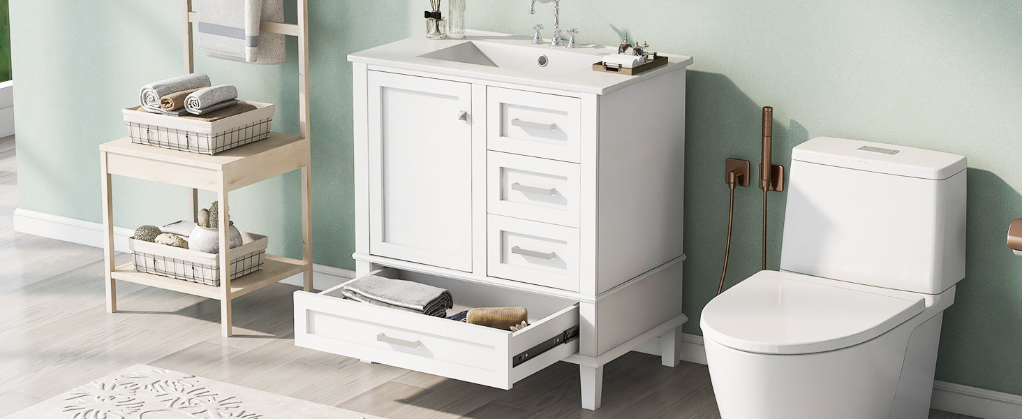 30" Bathroom Vanitymodern Bathroom Cabinet With Sink Combo Set, Bathroom Storage Cabinet With A Soft Closing Door And 3 Drawers, Solid Wood Frame White White Bathroom Solid Wood Mdf